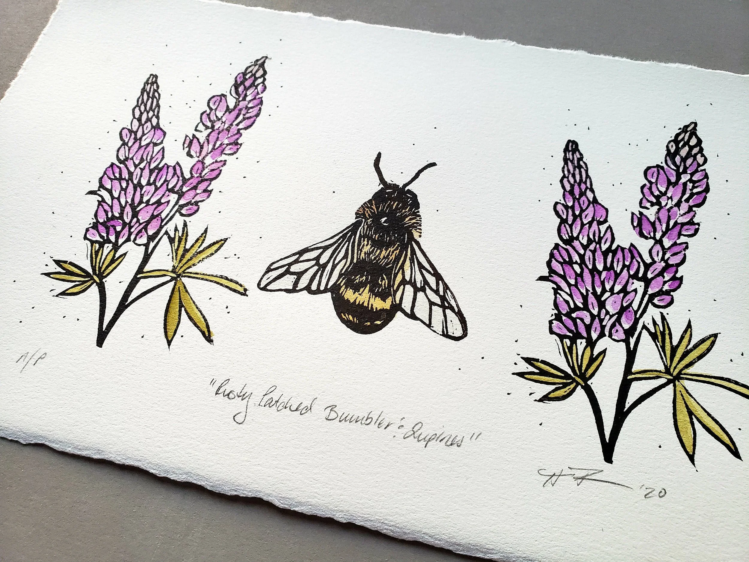 Rusty Patch Bumble Bee & Lupines - Linocut - FAC1