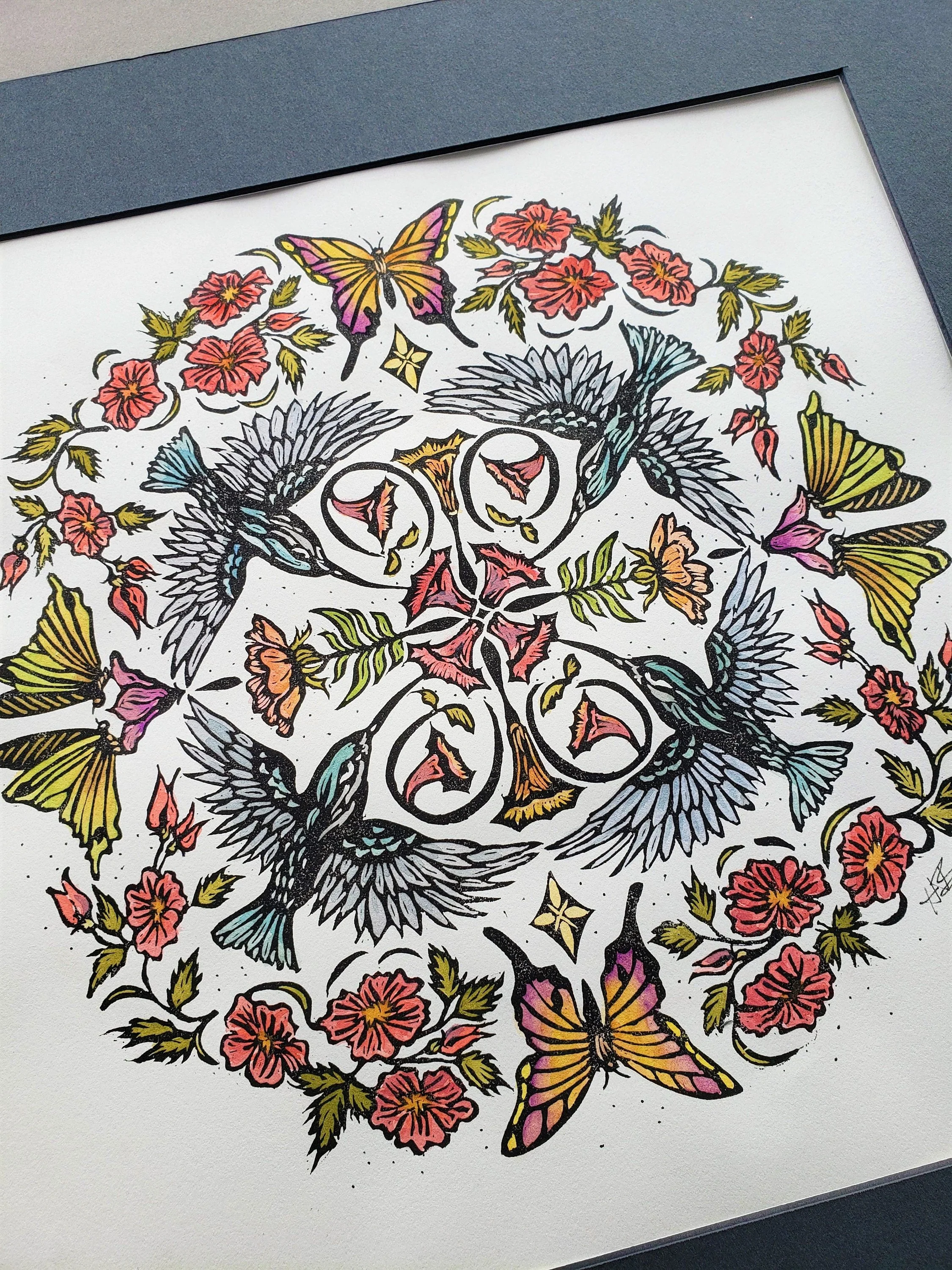 Kingfisher and Butterflies - Original Relief Print - FAC1