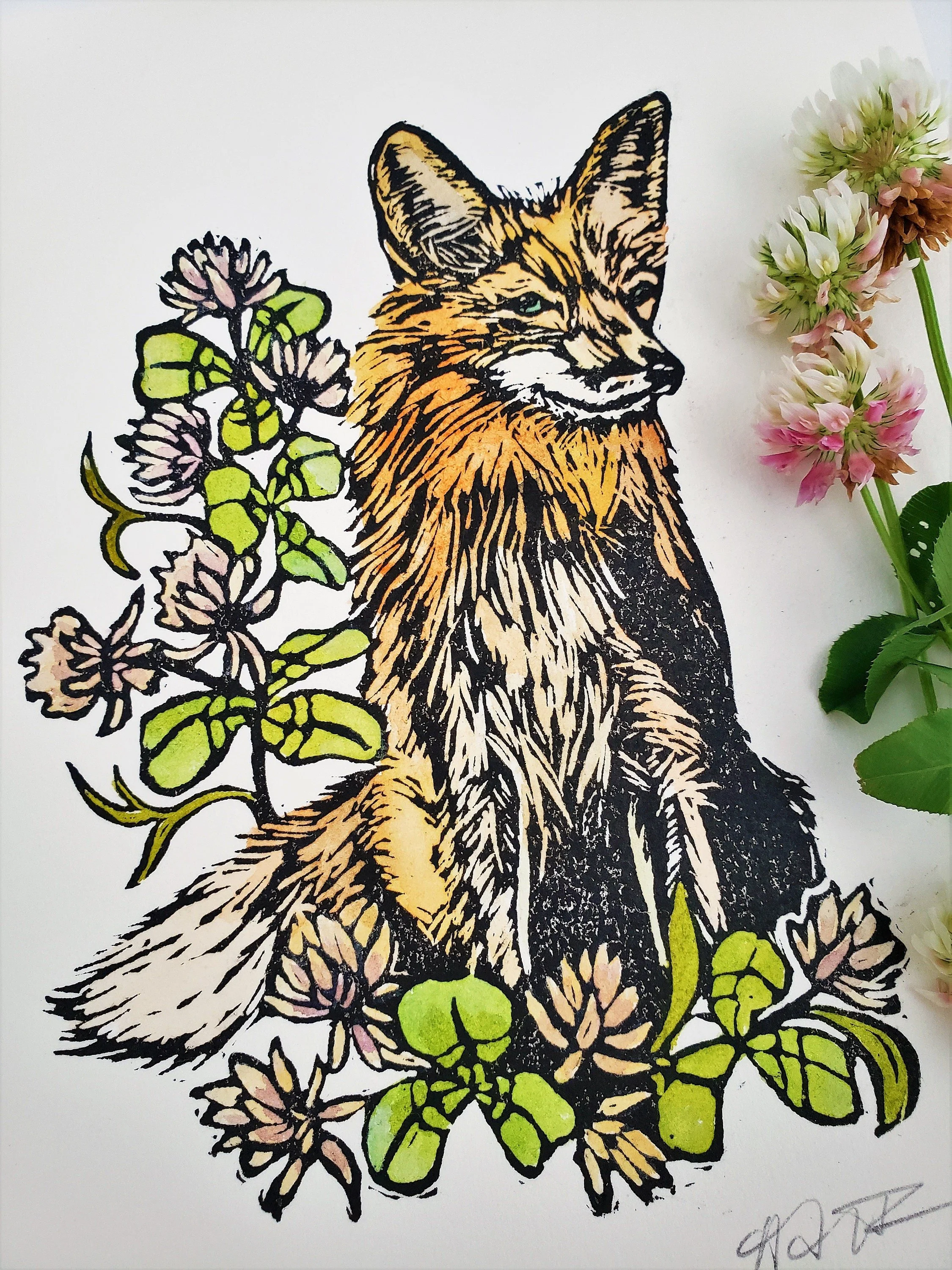 Red Fox and Clover Relief Print FAC1