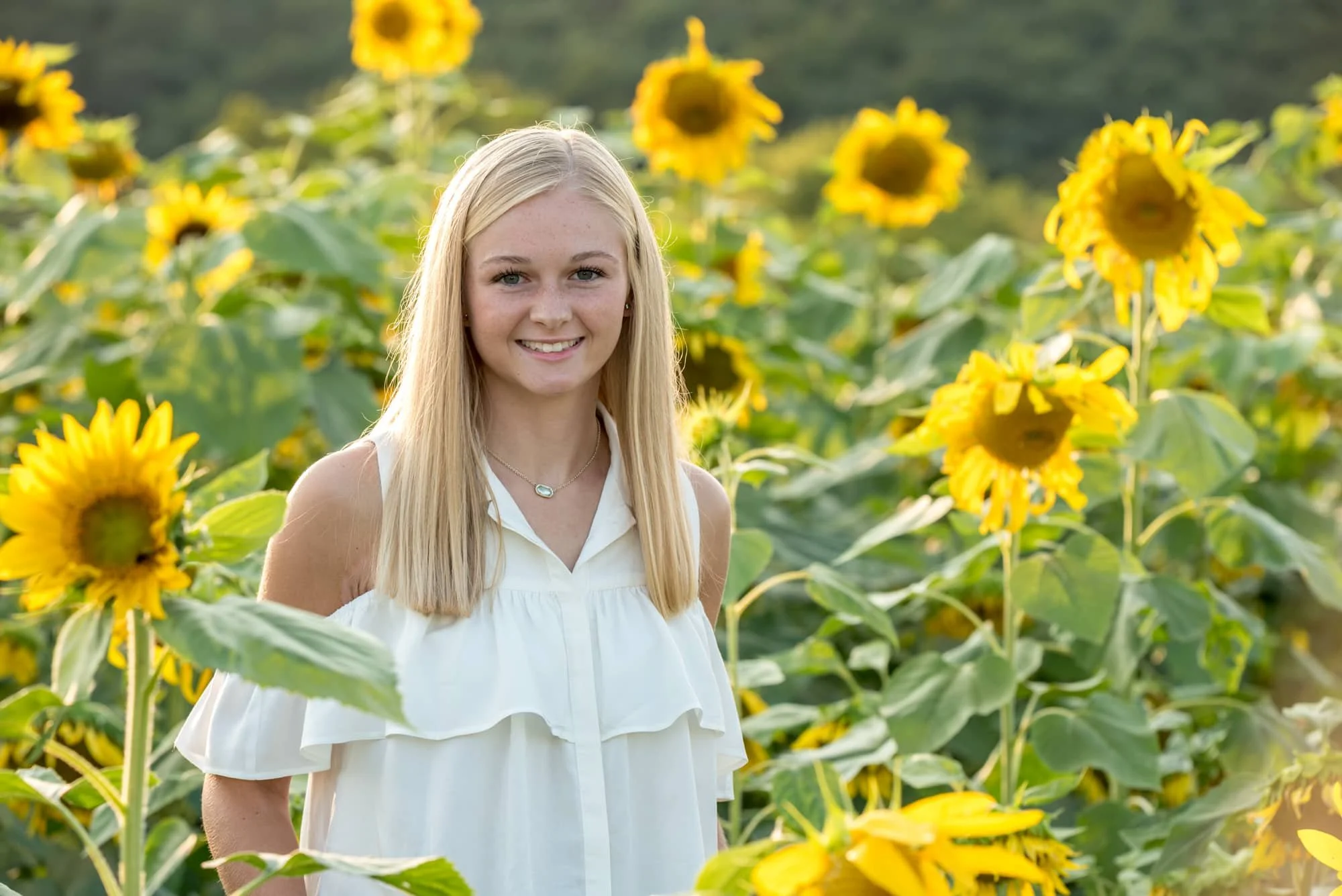 Bright portrait senior photo featuring a close-up view of a girl smiling with her hands in her pockets amidst a sea of yellow sunflowers taken by a Eureka, MO photographer.