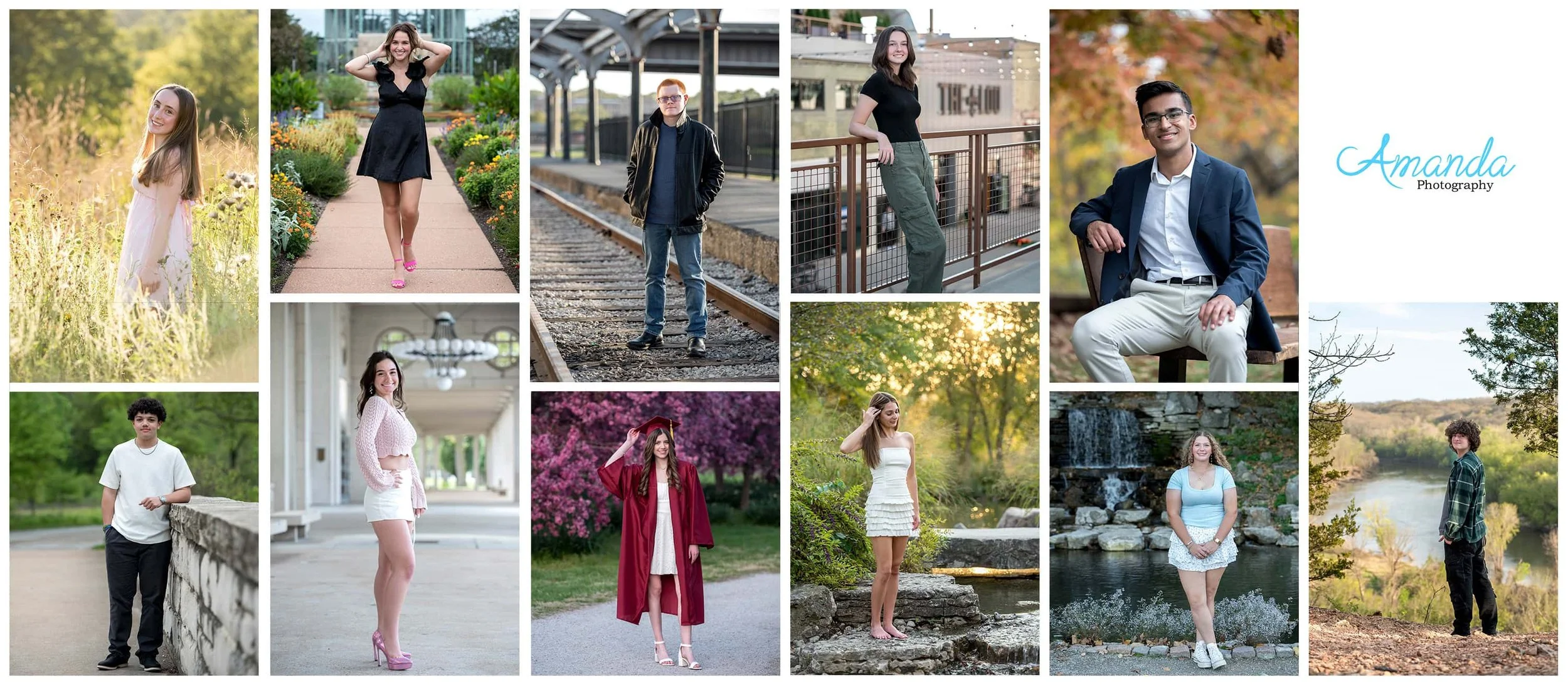 Senior photography showcase collage featuring urban downtown sessions, rustic woodland shoots, sunset portraits, and rainy day high school senior pictures in the St. Louis area.