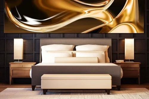 Airbnb bedroom after professional cleaning, Modern bedroom with a bed, nightstands, and lamps, with abstract gold artwork above the headboard.