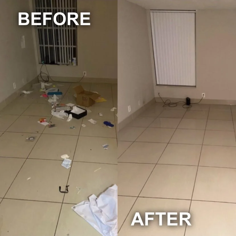 Comparison showing a messy room with trash, cardboard, and scattered items before cleaning on the left, and a clean, empty room with a window and closed blinds after cleaning on the right.