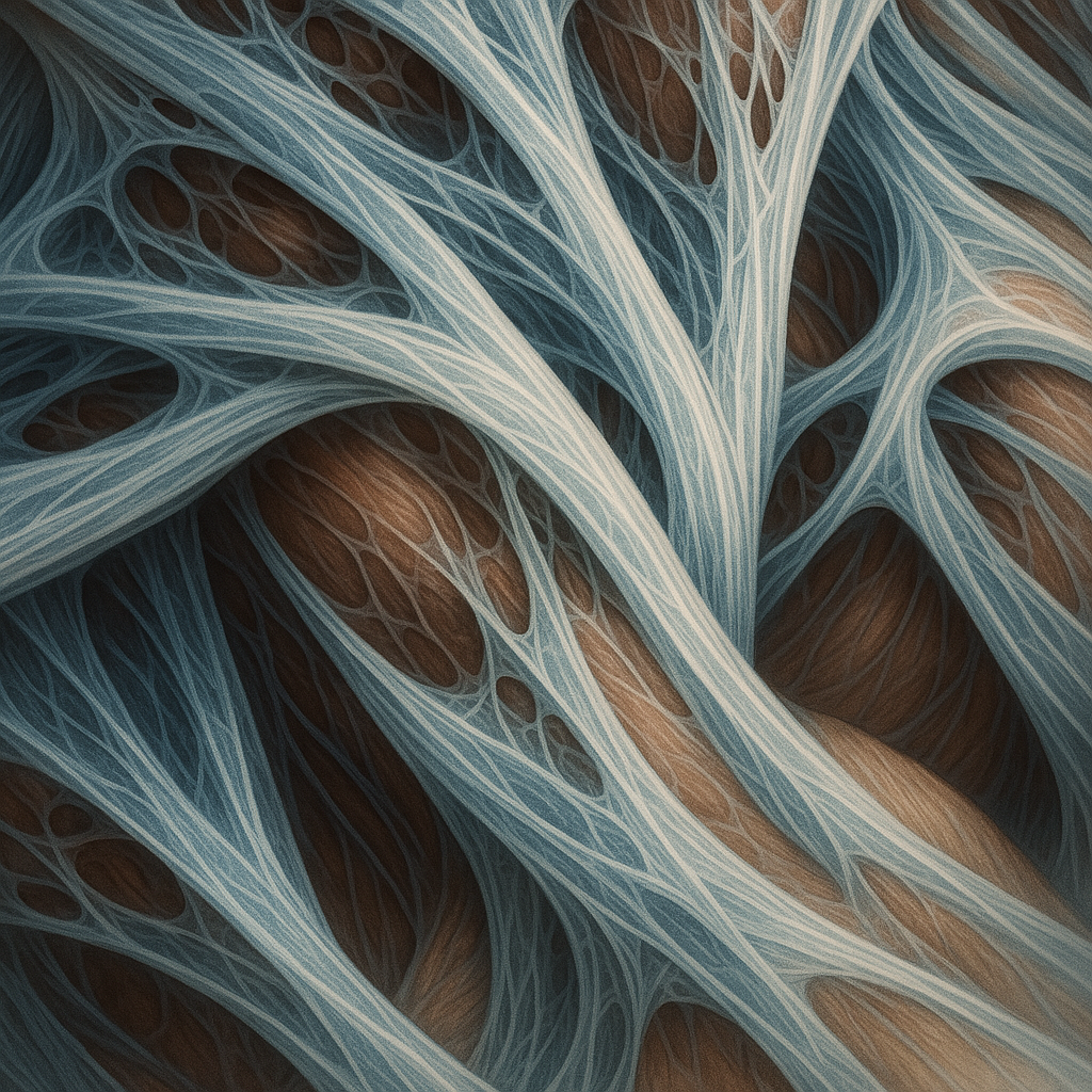 Artistic illustration of fascia, the connective tissue network that surrounds muscles and supports movement.