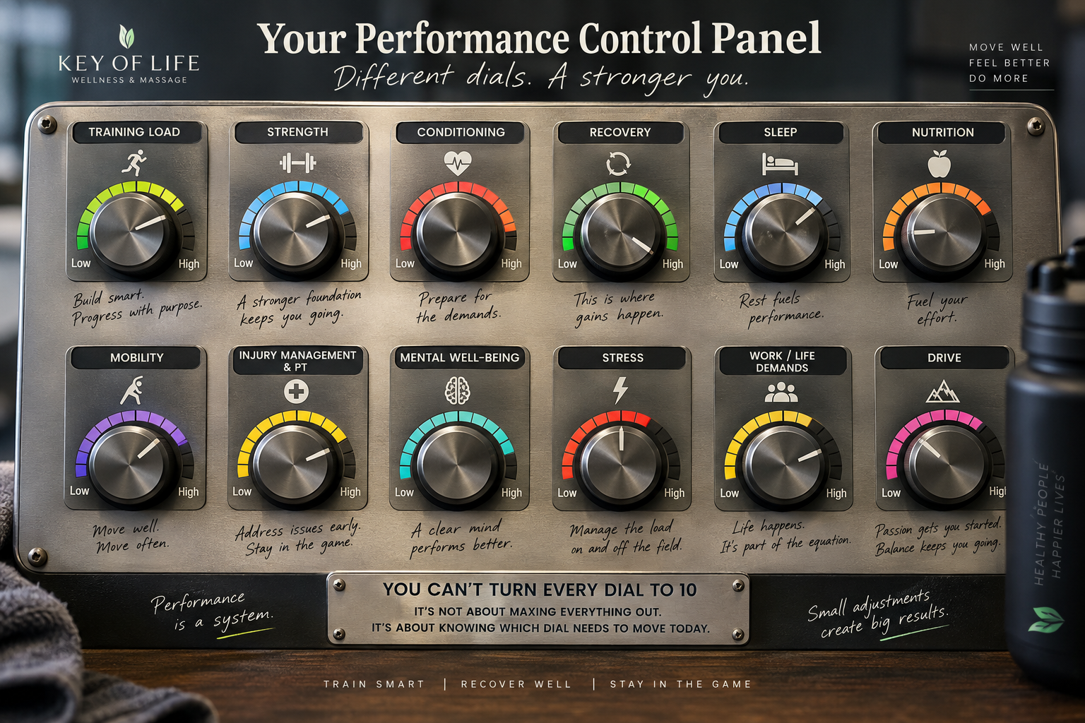 Stereo-style control panel illustrating training, recovery, sleep, nutrition and other factors in athletic performance.