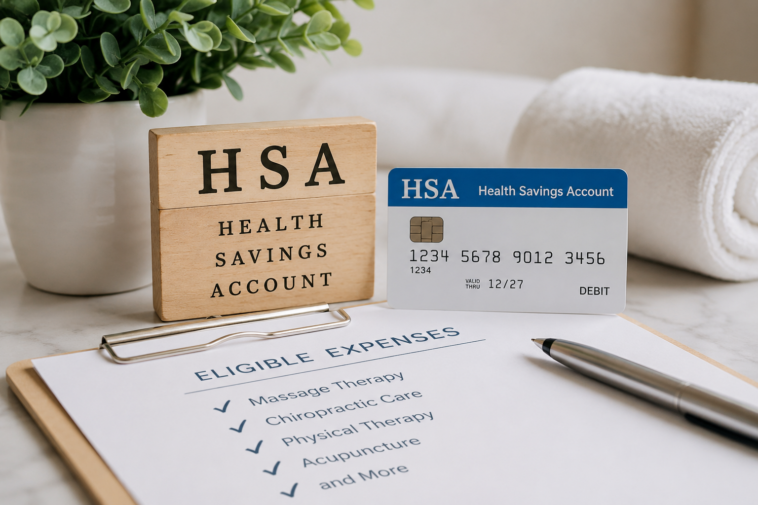 Health Savings Account (HSA) card and healthcare paperwork representing the use of HSA and FSA benefits for therapeutic massage at Key of Life Wellness & Massage in Charlotte.