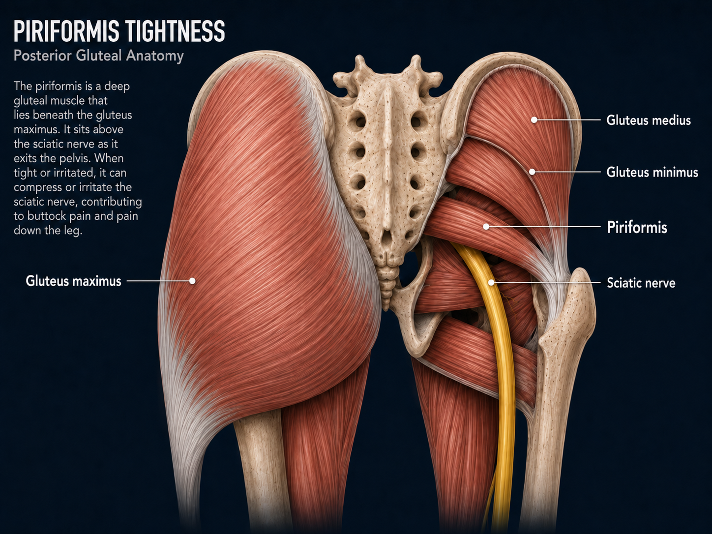 Posterior gluteal anatomy diagram showing the piriformis, sciatic nerve, gluteus maximus, gluteus medius, gluteus minimus, and surrounding deep hip structures.