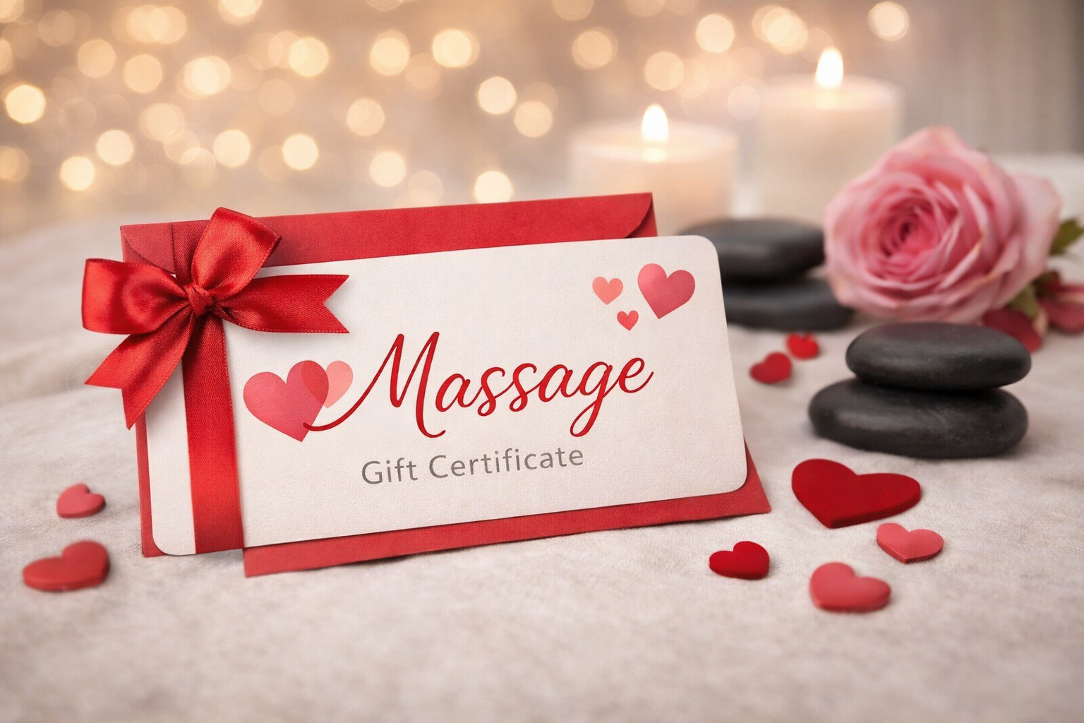 Valentine's Day massage gift certificate displayed with spa stones and rose