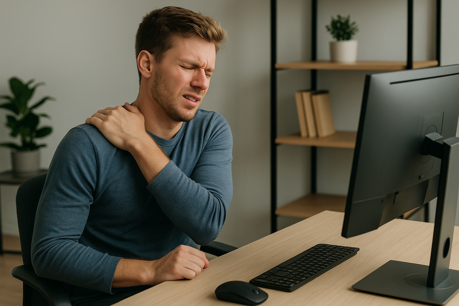 Office worker experiencing shoulder pain from prolonged desk work