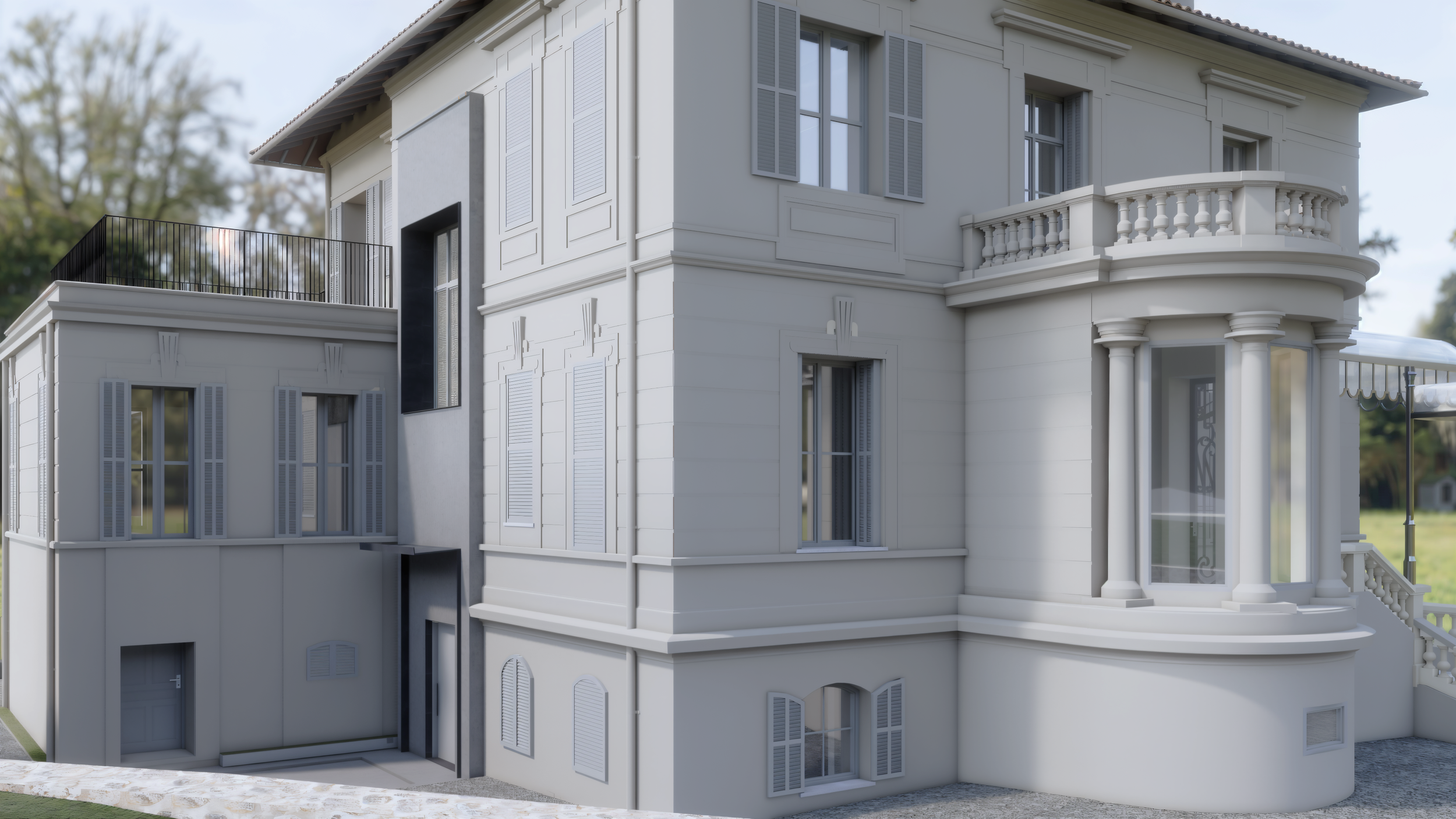 Vue de la nouvelle entrée secondaire, décaissement porte existante et renovation large fenetre en bois. 