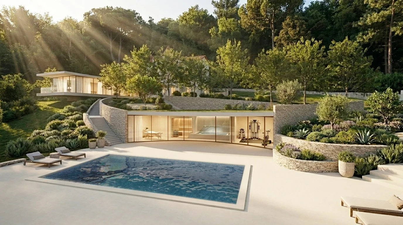 Vue de la piscine Spa, Sauna et Gym  sous la colline et ses jardins aménagés 