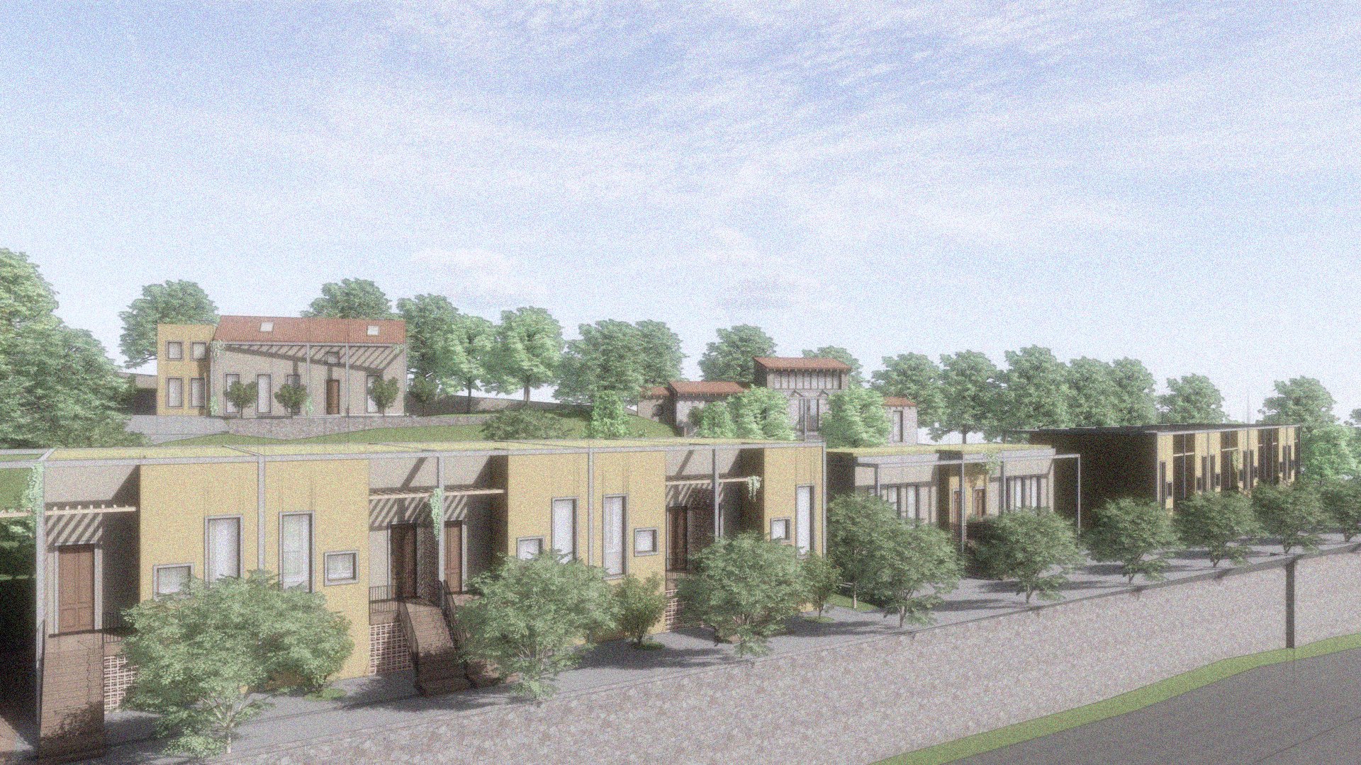 Vue génerale projetée bâtiments et bergerie arrière plan 