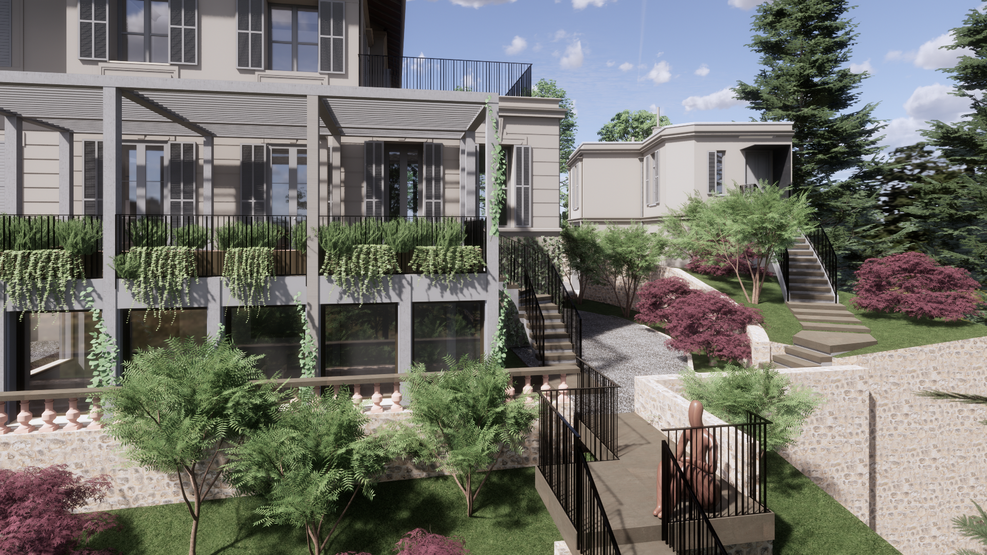 Vue extension et bâtiment annex avec nouveau escalier 