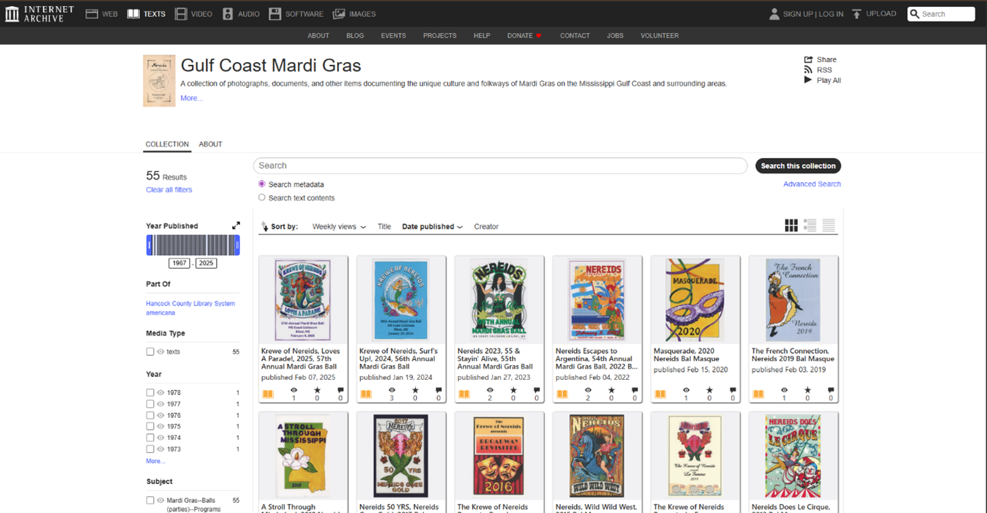 Explore over fifty years of the Krewe of Nereids Mardi Gras Bal Masque programs