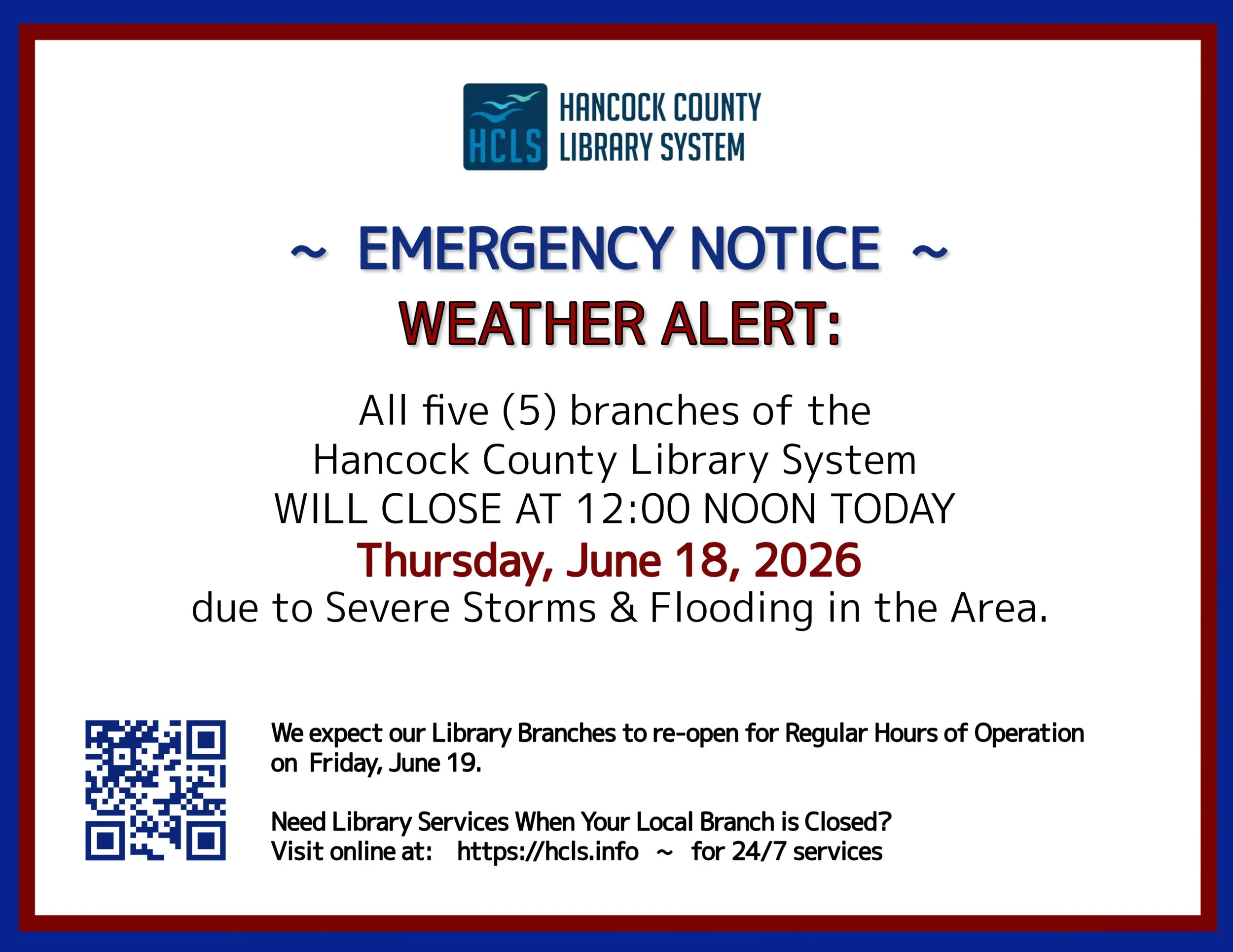 SEVERE WEATHER ALERT ~ Thursday Library Closings, 6/18