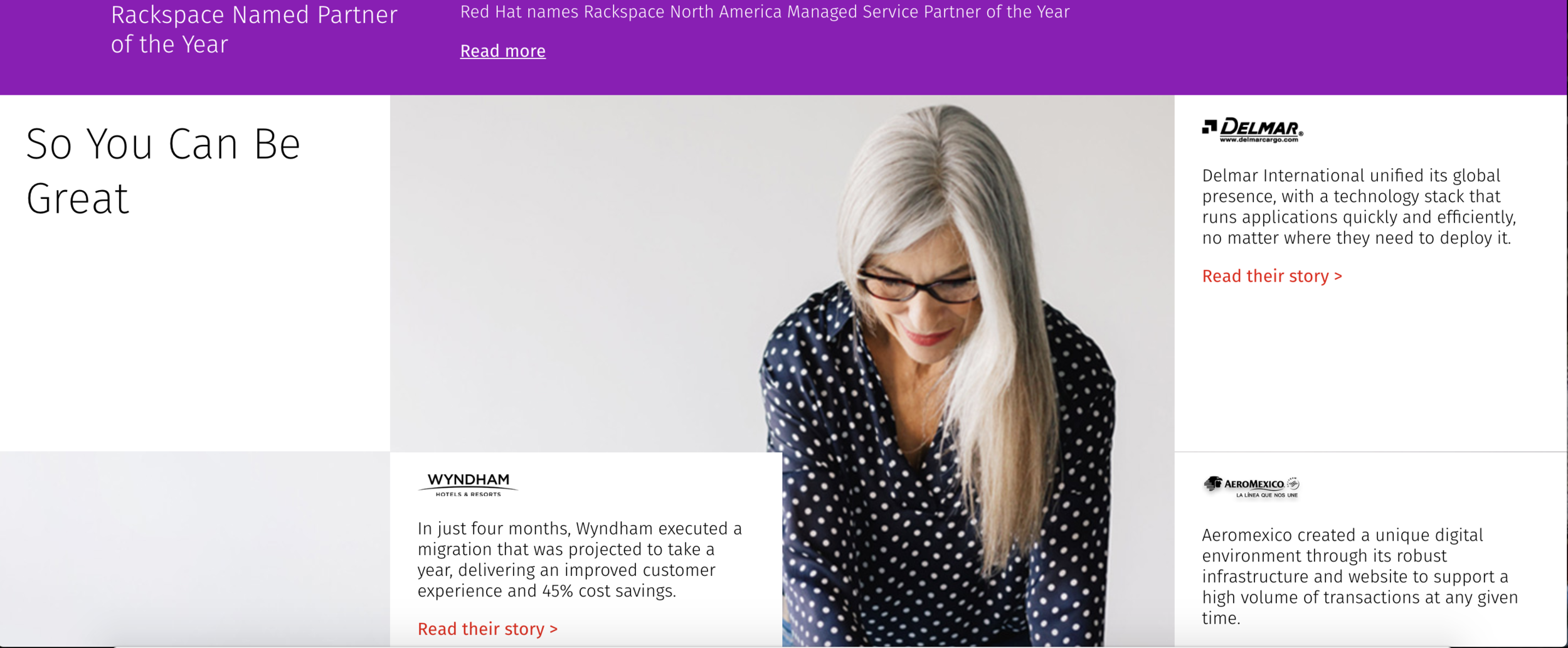Rackspace home page copy refresh — featured customer stories.