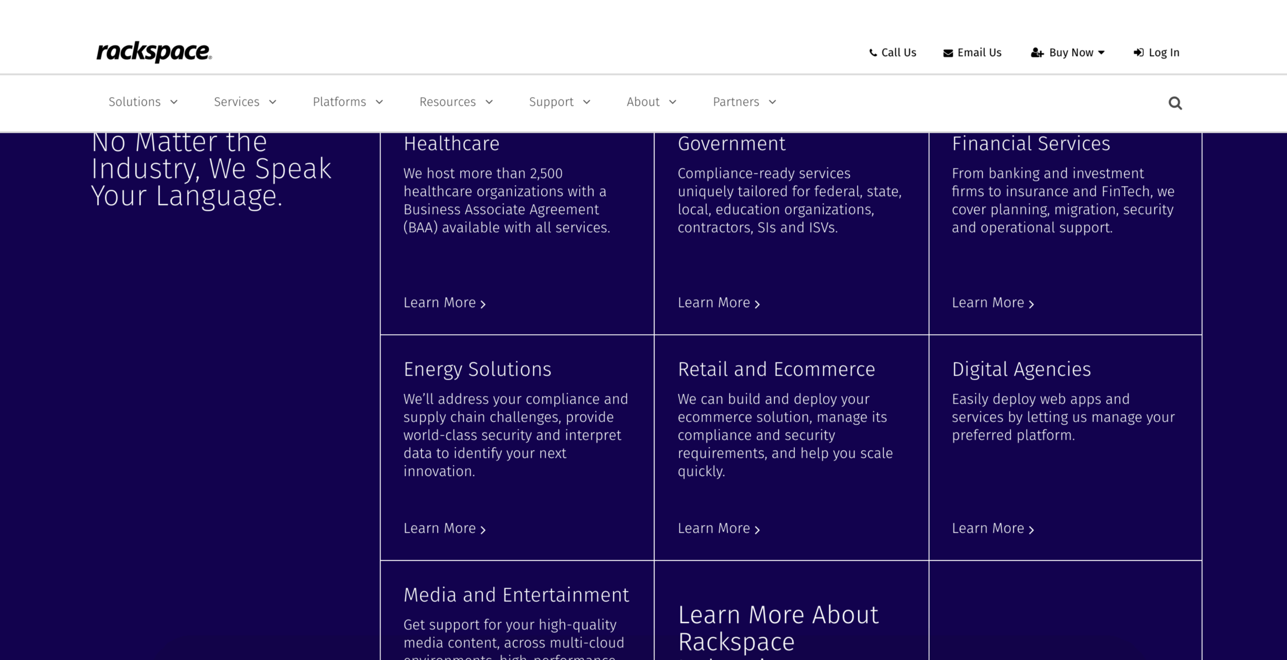 Rackspace home page copy refresh - industry solutions.
