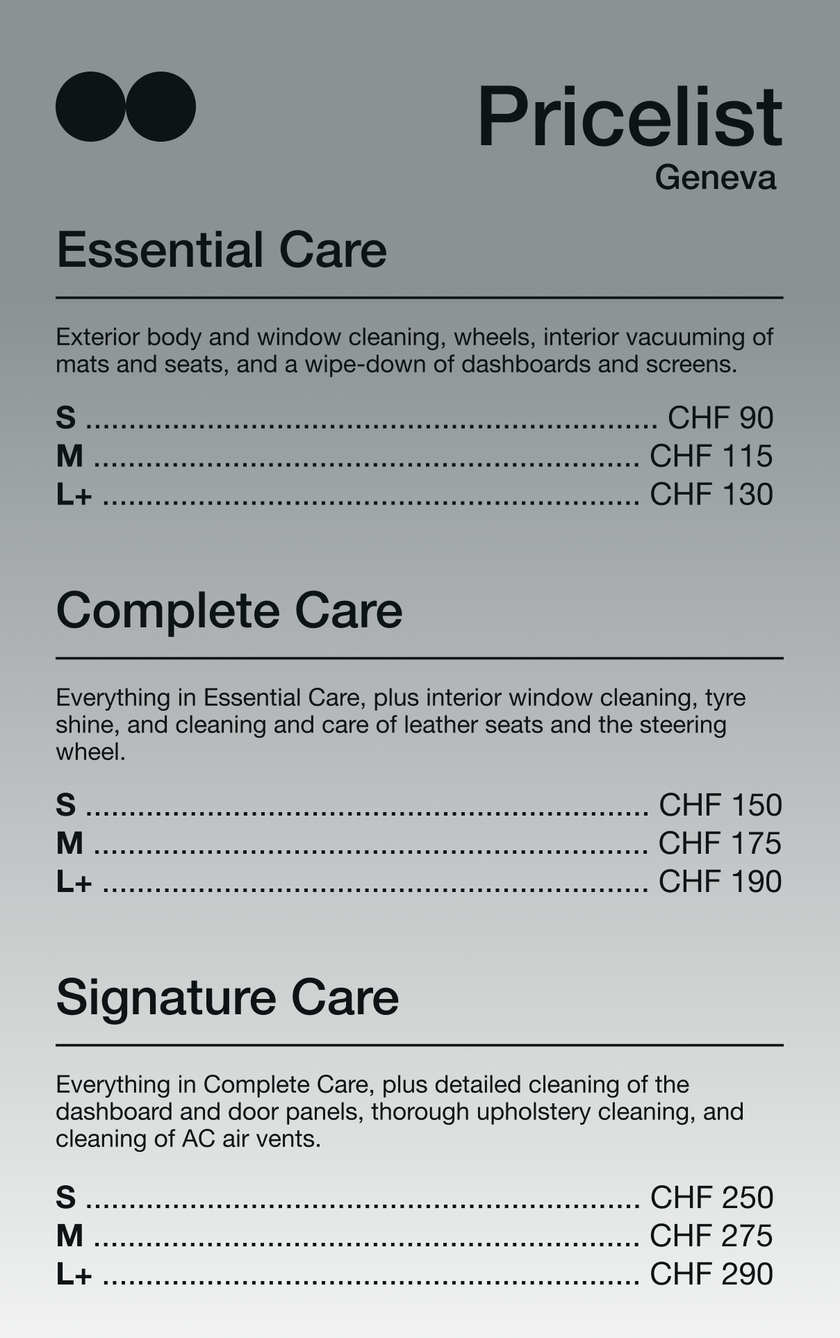 Pricing list for car care services at Pricelist Geneva. Sections include Essential Care, Complete Care, and Signature Care, with prices for small, medium, and large service packages in Swiss francs.