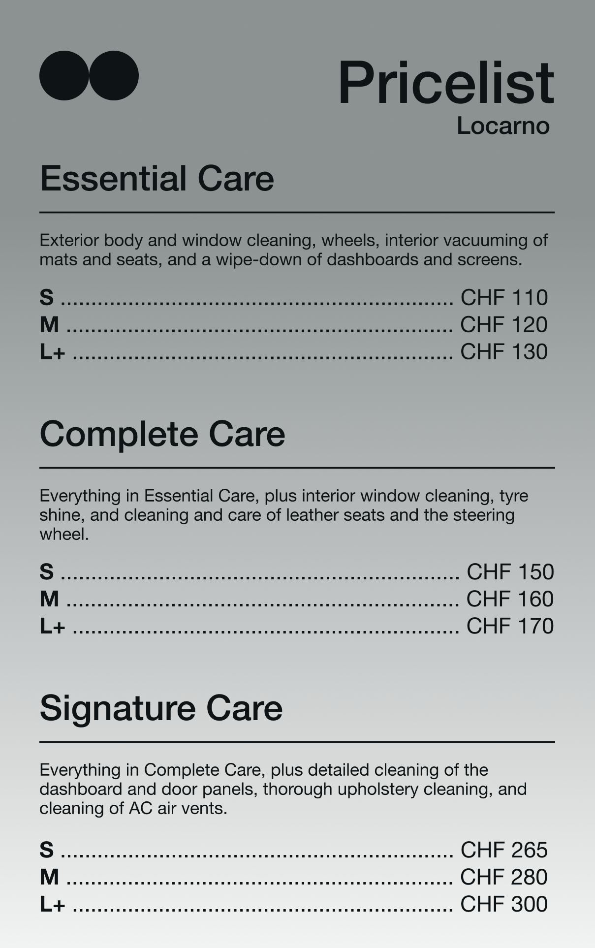 Price list for car cleaning services with three tiers: Essential Care, Complete Care, and Signature Care, each with different prices based on size.