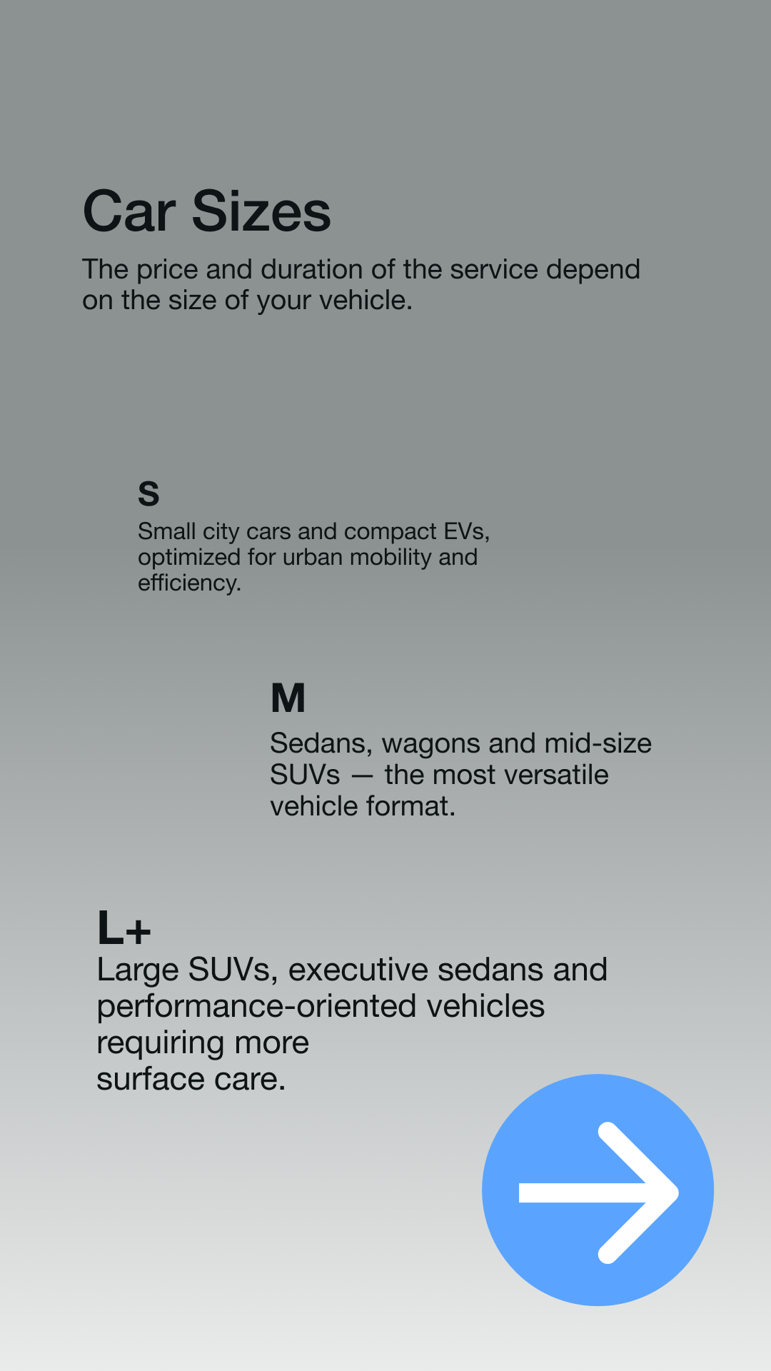 Guide to car sizes explaining small, mid-size, and large SUVs with a blue arrow button at the bottom right.