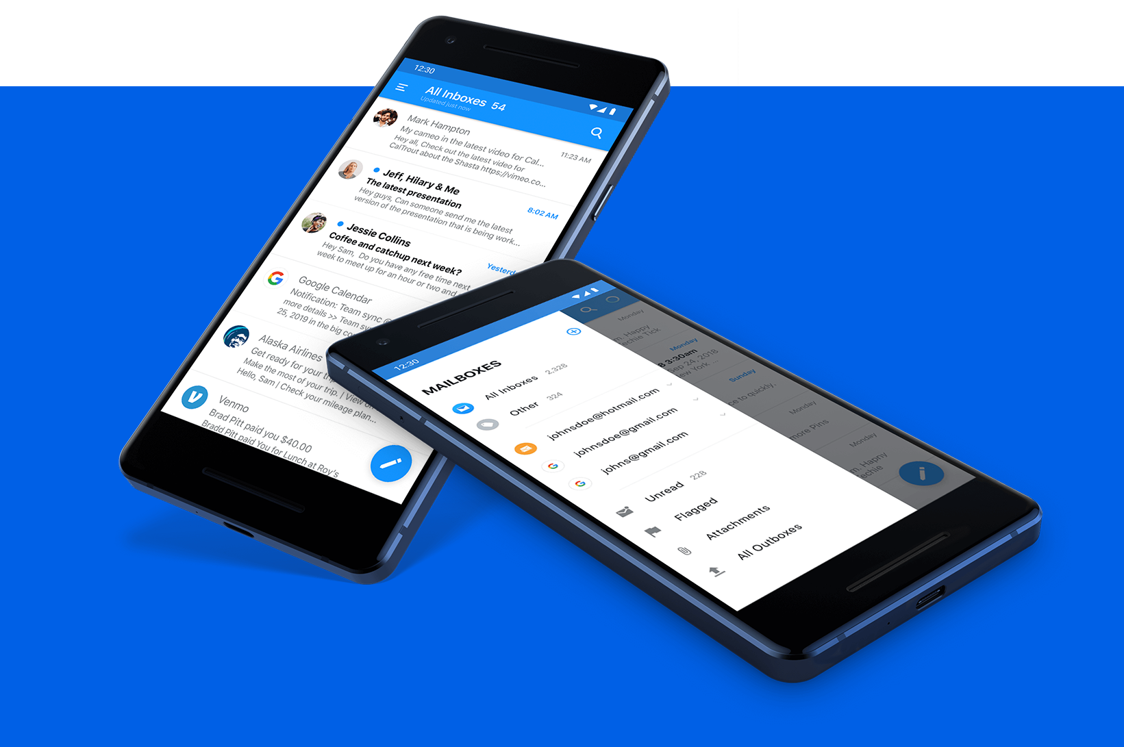 two android phones slightly overlapping each other in 3 dimensions with a blue background