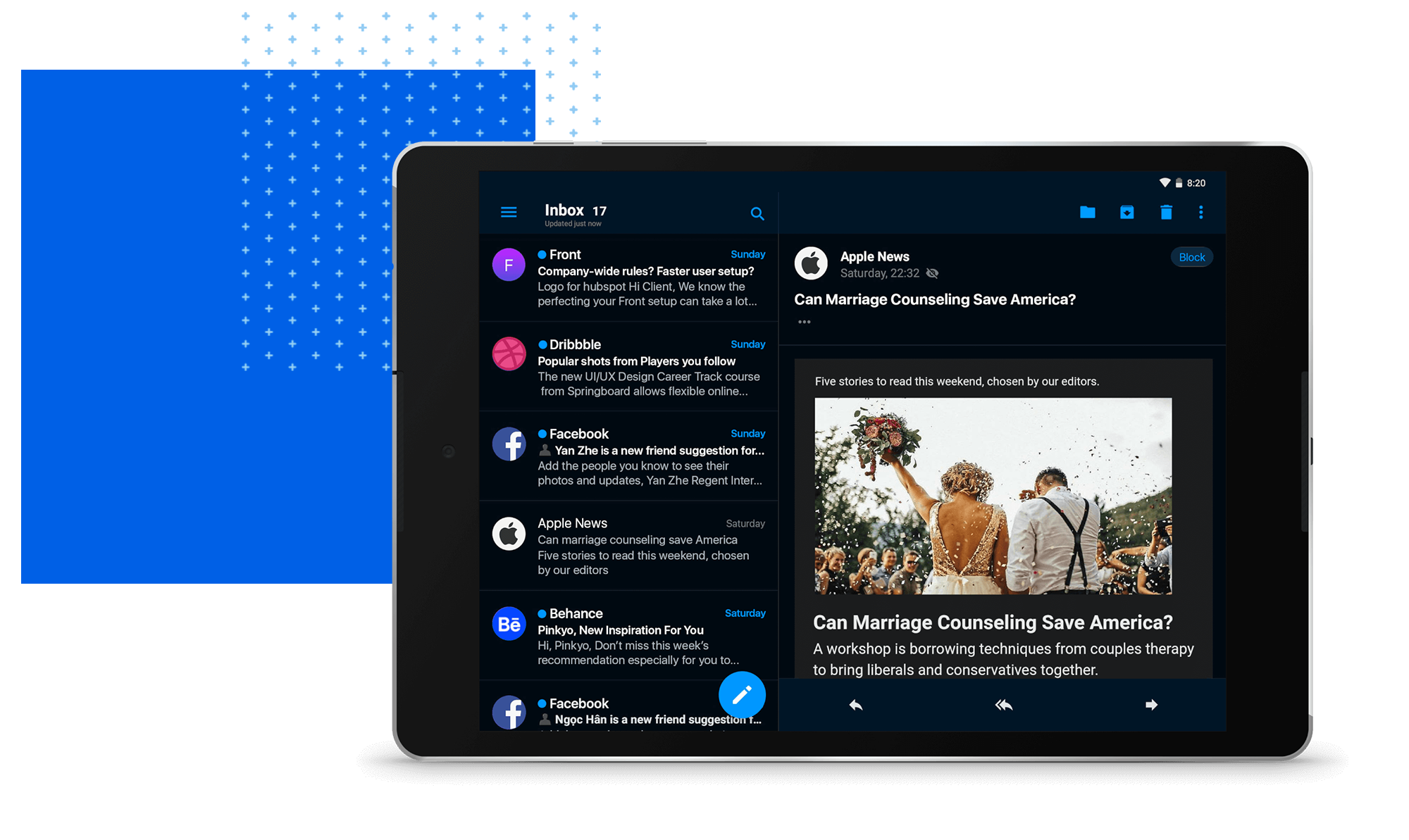android tablet in dark mode over a blue square decoration