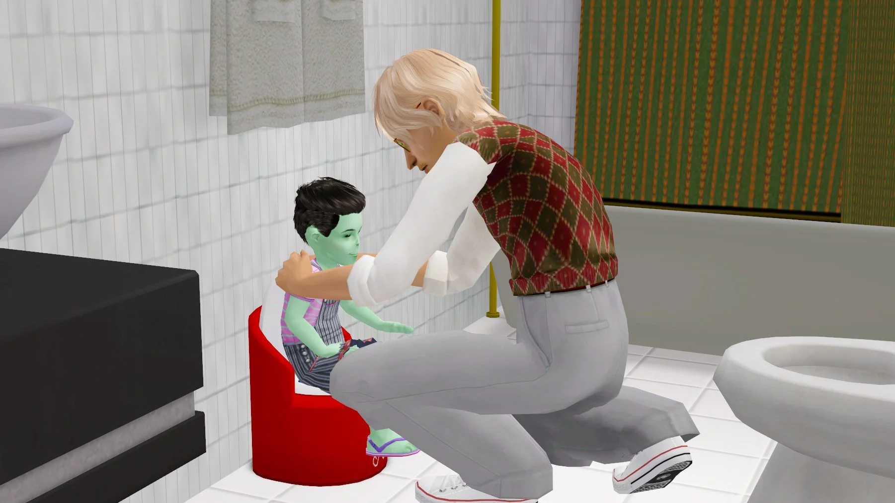 Vidcund Curious teaching his alien daughter Andromeda how to potty