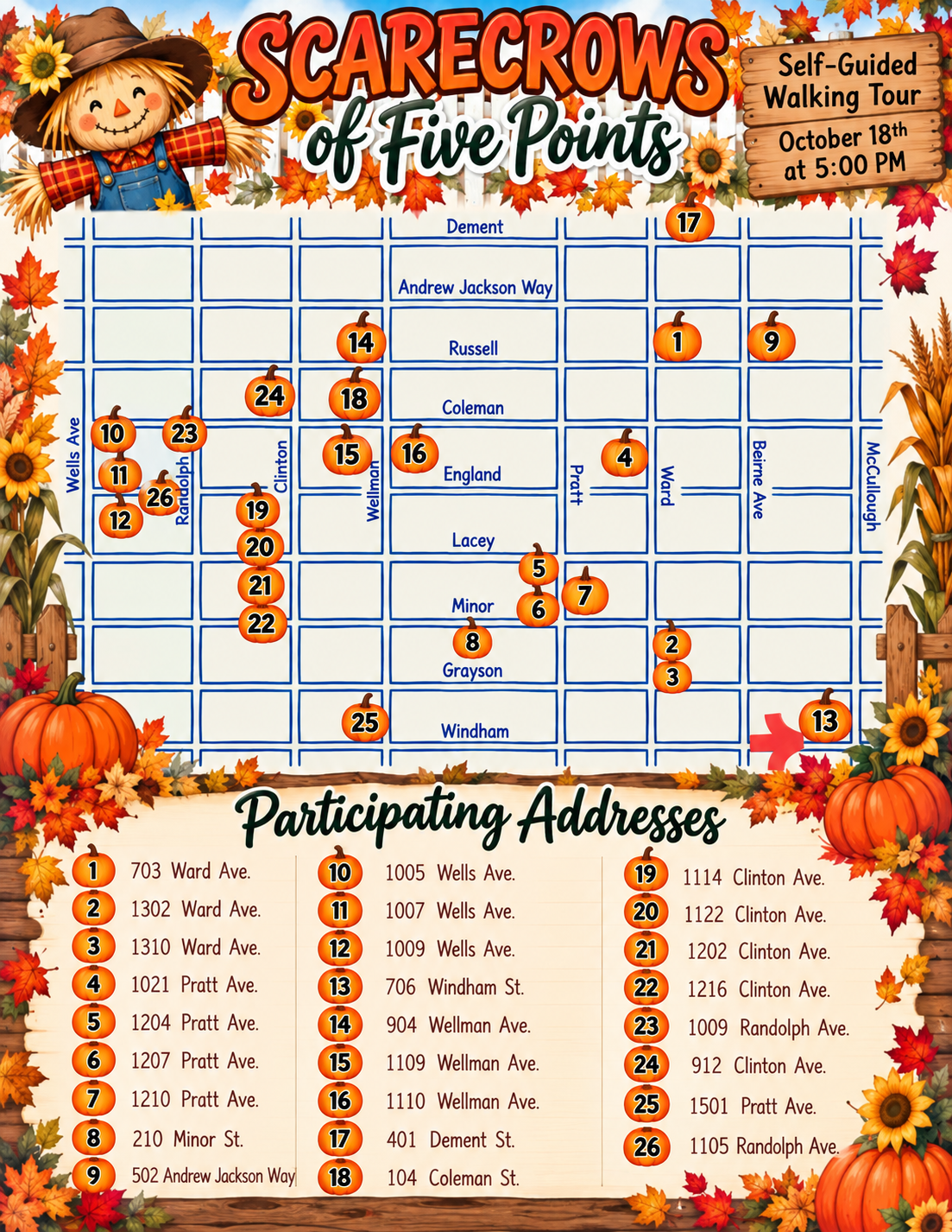 Self-Guided Walking tour of the Scarecrows of Five Points