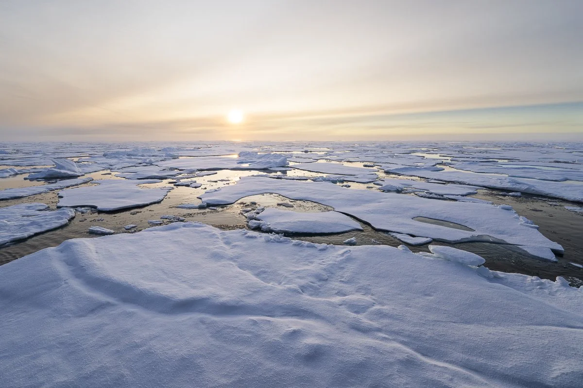 Sea ice in northern Greenland illuminated by the warm light of sunset.