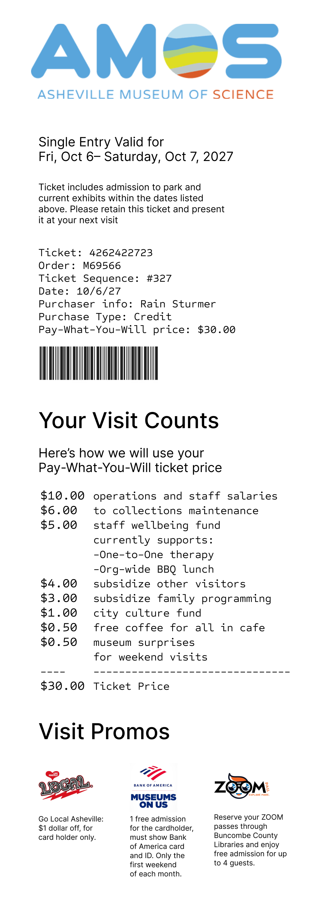 A designed recipt from Oct 7, 2027 from the Asheville Museum of Science. It looks like a standard entry receipt and includes details like separate funds the money supports.