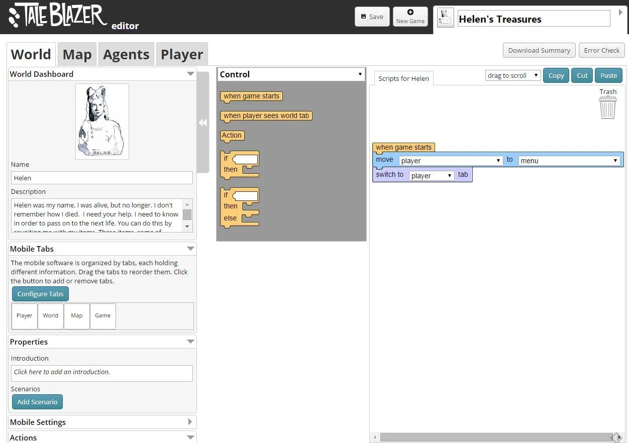 Screenshot of the TaleBlazer interface