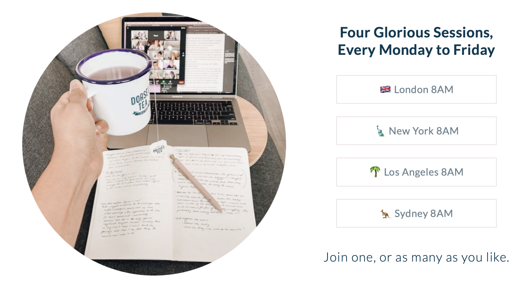 A screenshot that includes a round photograph at left with a hand holding up a cup of tea to an open notebook and a computer screen full of Zoom windows. On the right is a list of the 4 time zones that Writer's Hour happens in each weekday.