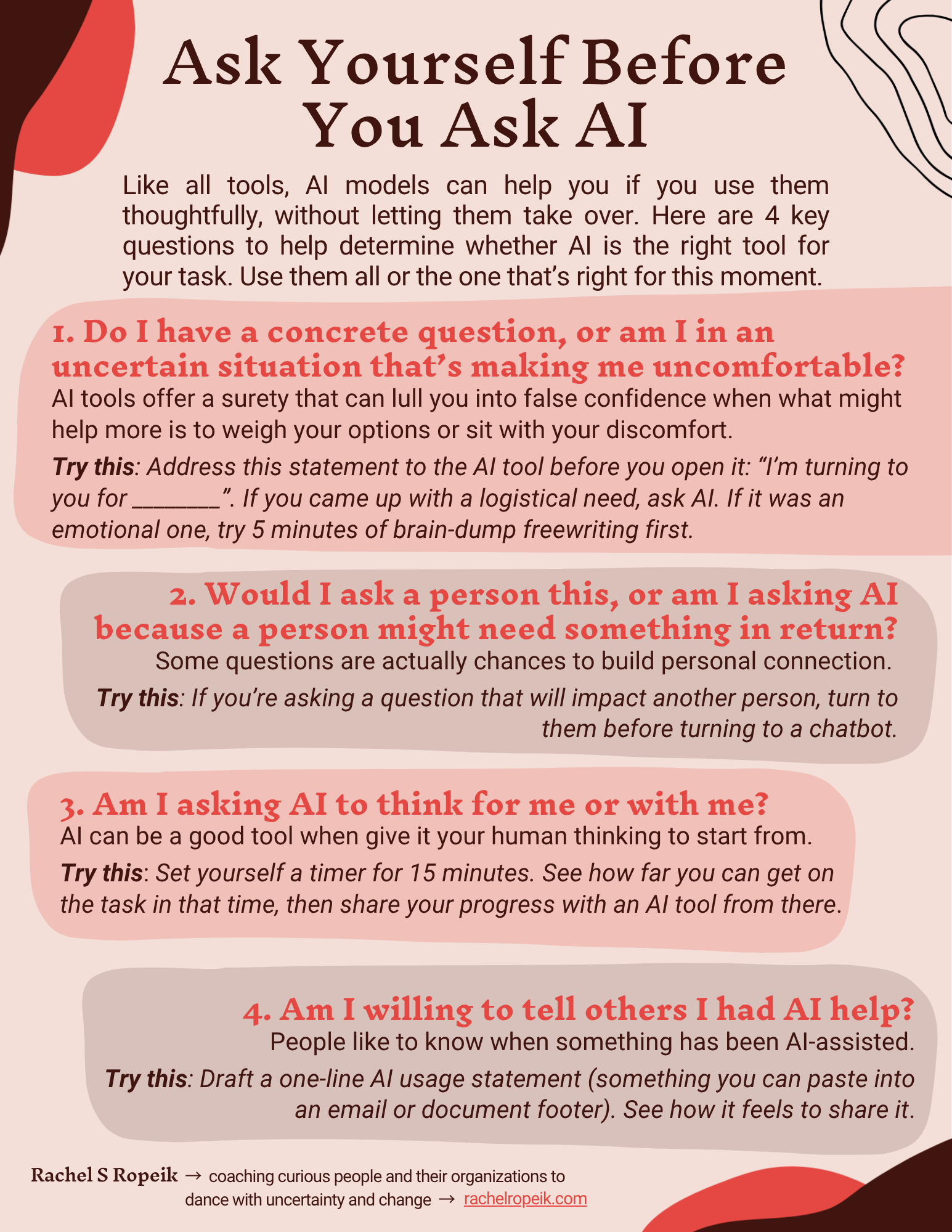 Infographic titled "Ask Yourself Before You Ask AI" presenting four key questions to consider before using AI tools, with brief explanations and suggested actions for each question.