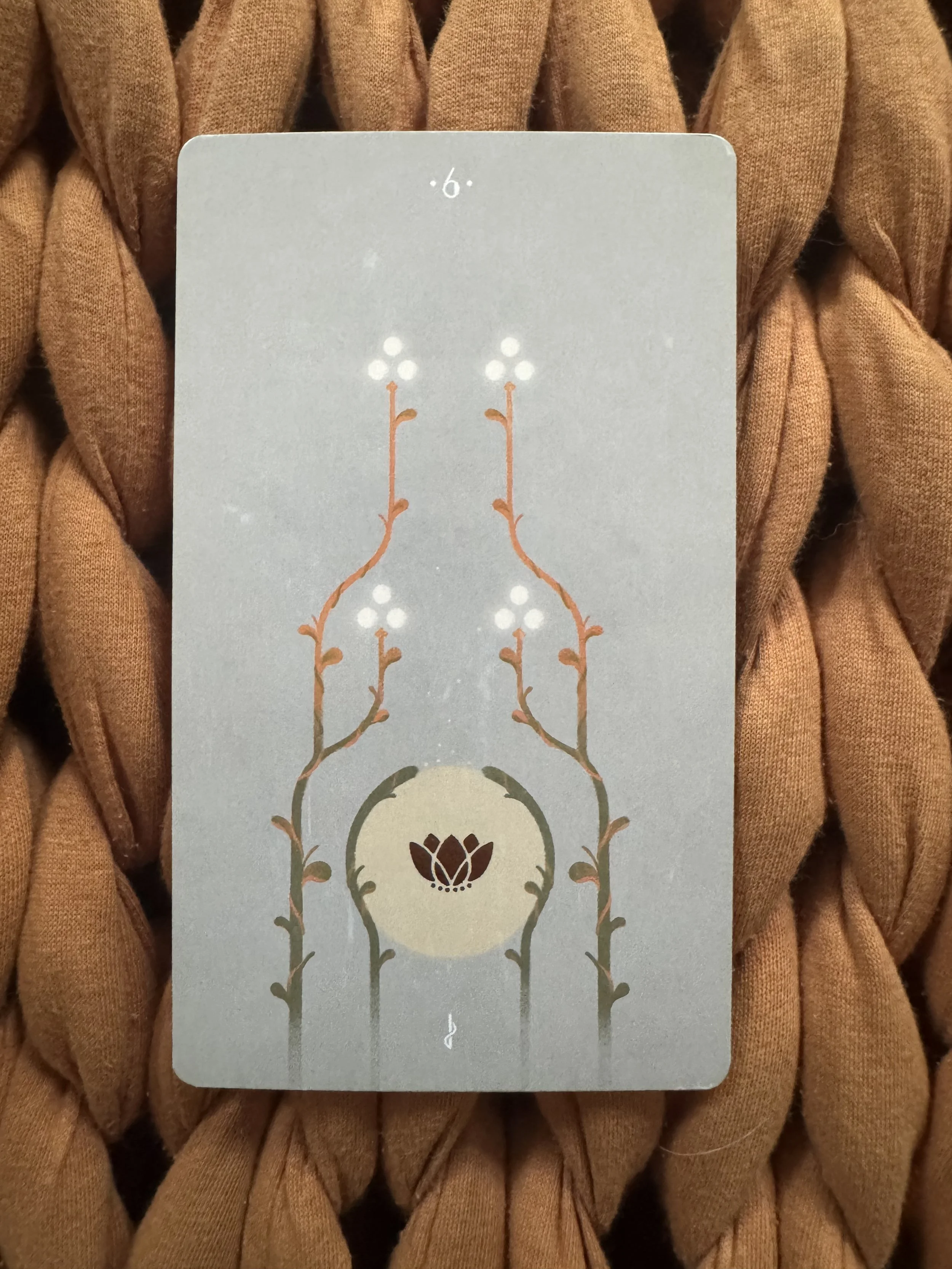 A tarot card with a gray background features a stylized illustration of branches (wands) with white berries at their tips and a circular floral motif in the center. The number six is printed at the top of the card..