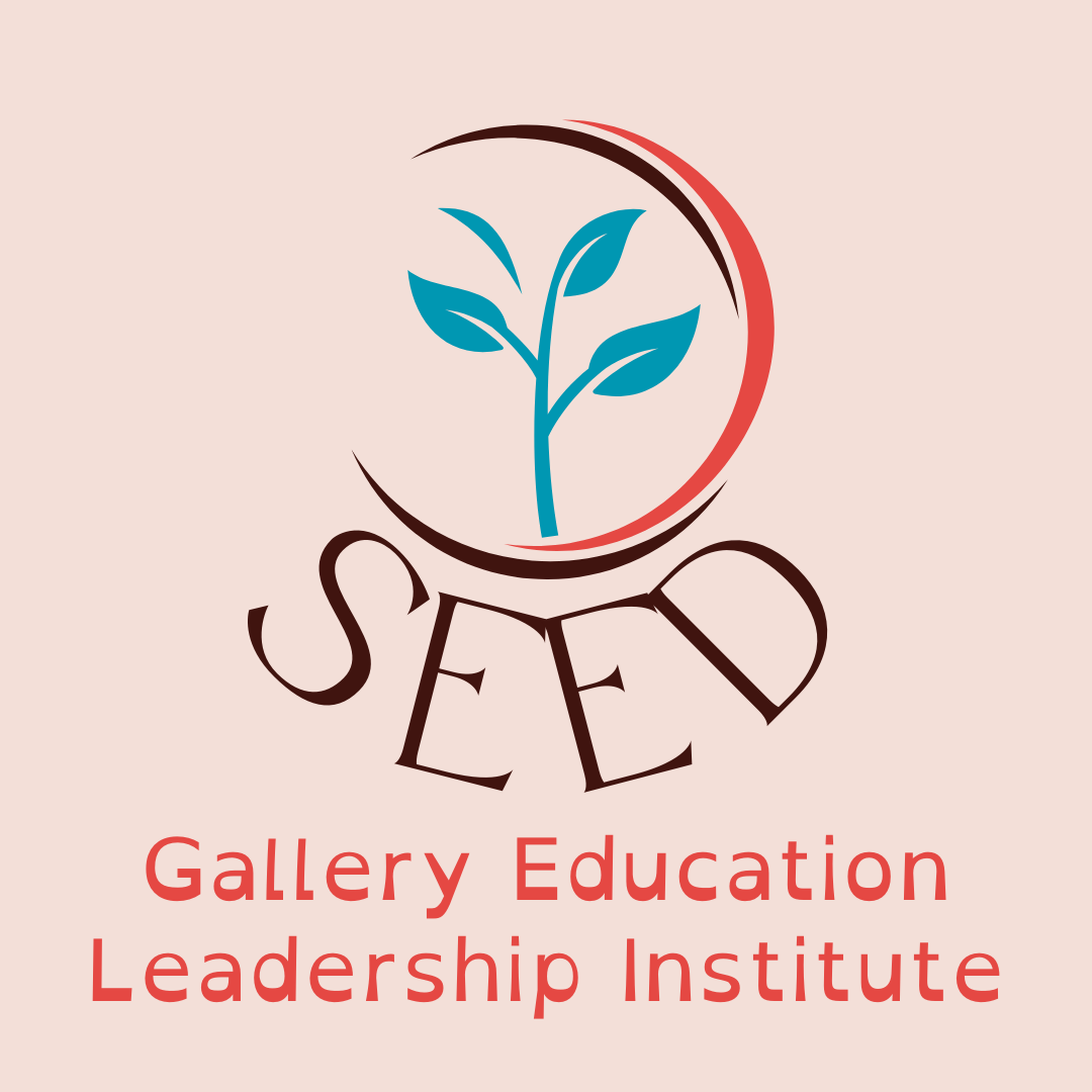 Logo for "SEED Gallery Education Leadership Institute" featuring a stylized seed sprout enclosed by a partial circle, with the word "SEED" below in a unique font, and the institute's name at the bottom in red.