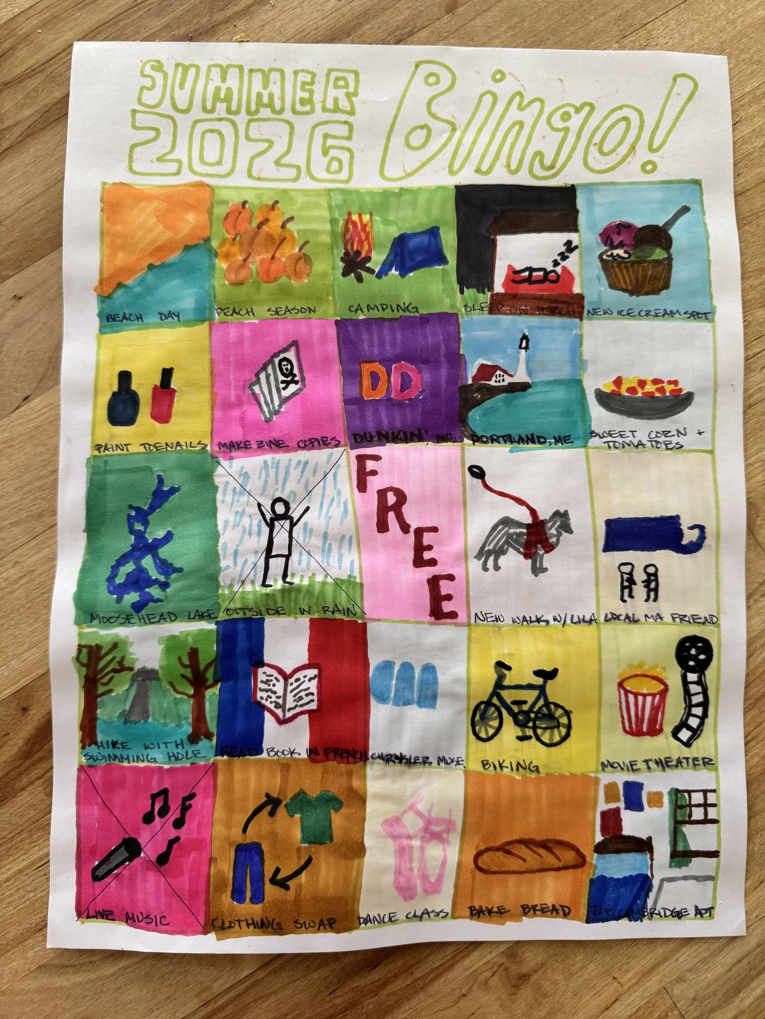 A handdrawn and illustrated bingo card with rudimentary sketches representing Summer Bingo 2026 highlights.