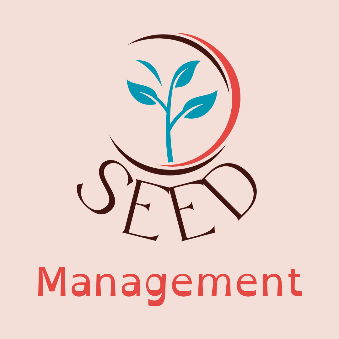 Logo for SEED Management, featuring a stylized plant with blue leaves, a brown and red arc above, the word "SEED" in curved brown letters, and the word "Management" in red text below.