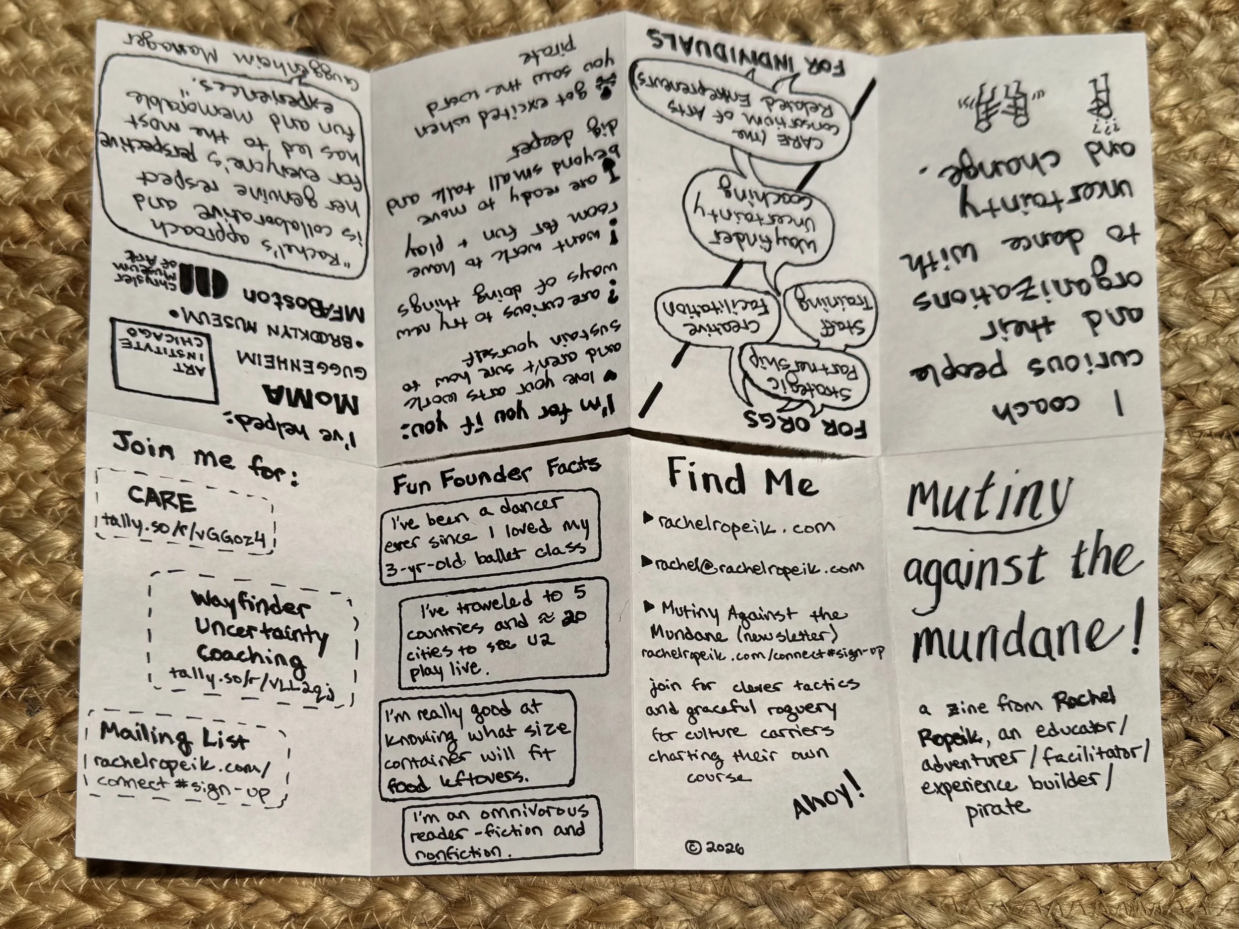 An unfolded zine titled "Mutiny against the mundane!" with handwritten text page headings including "I've helped:", "Join me for:", "Fun Founder Facts", "Find Me", and a description of the zine as from an educator/facilitator/adventurer/pirate.