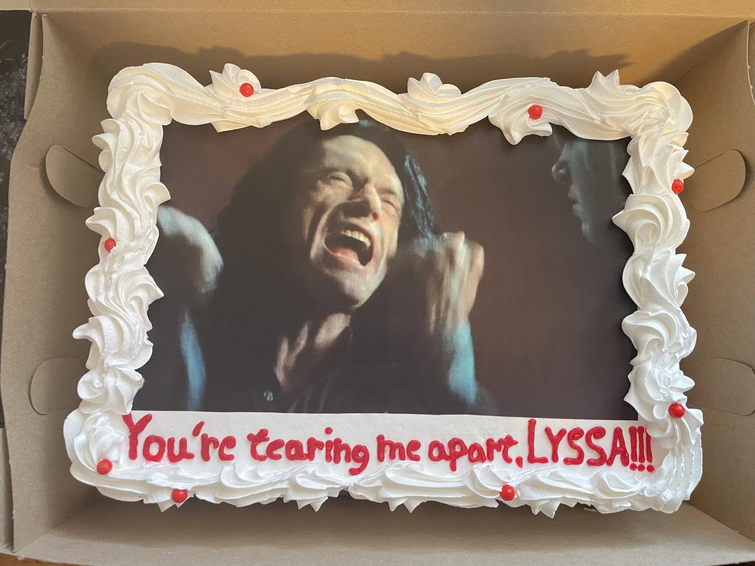 A photo of an iced cake with a still image from The Room on it and the words (in red icing) "You're tearing me apart, LYSSA!"