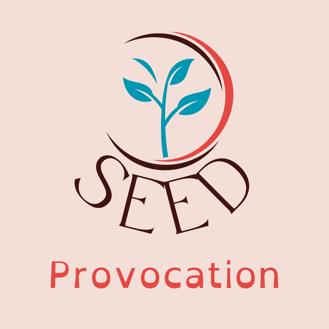 Logo with a stylized plant growing from the word "SEED", with "Provocation" written below, all in a soft peach background. The plant features teal leaves and stem, with red and brown curved lines over it. The word "SEED" is in a dark brown, and the w