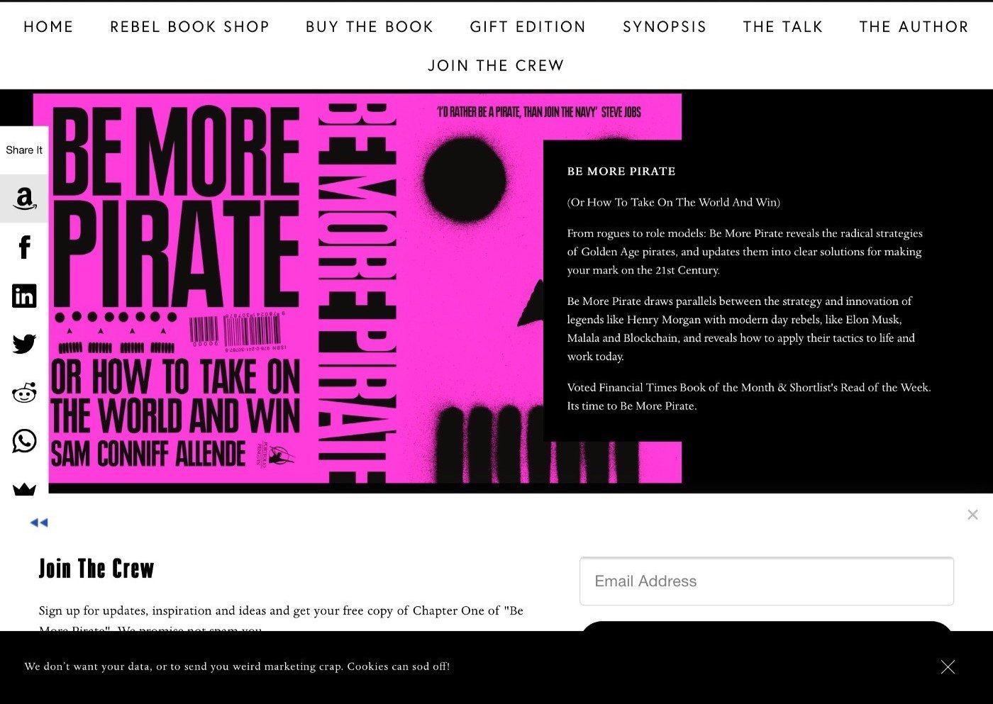 A screenshot of the homepage for Sam Conniff’s Be More Pirate (www.bemorepirate.com) project, including the fine print “We don’t want your data, or to send you weird marketing crap. Cookies can sod off!”