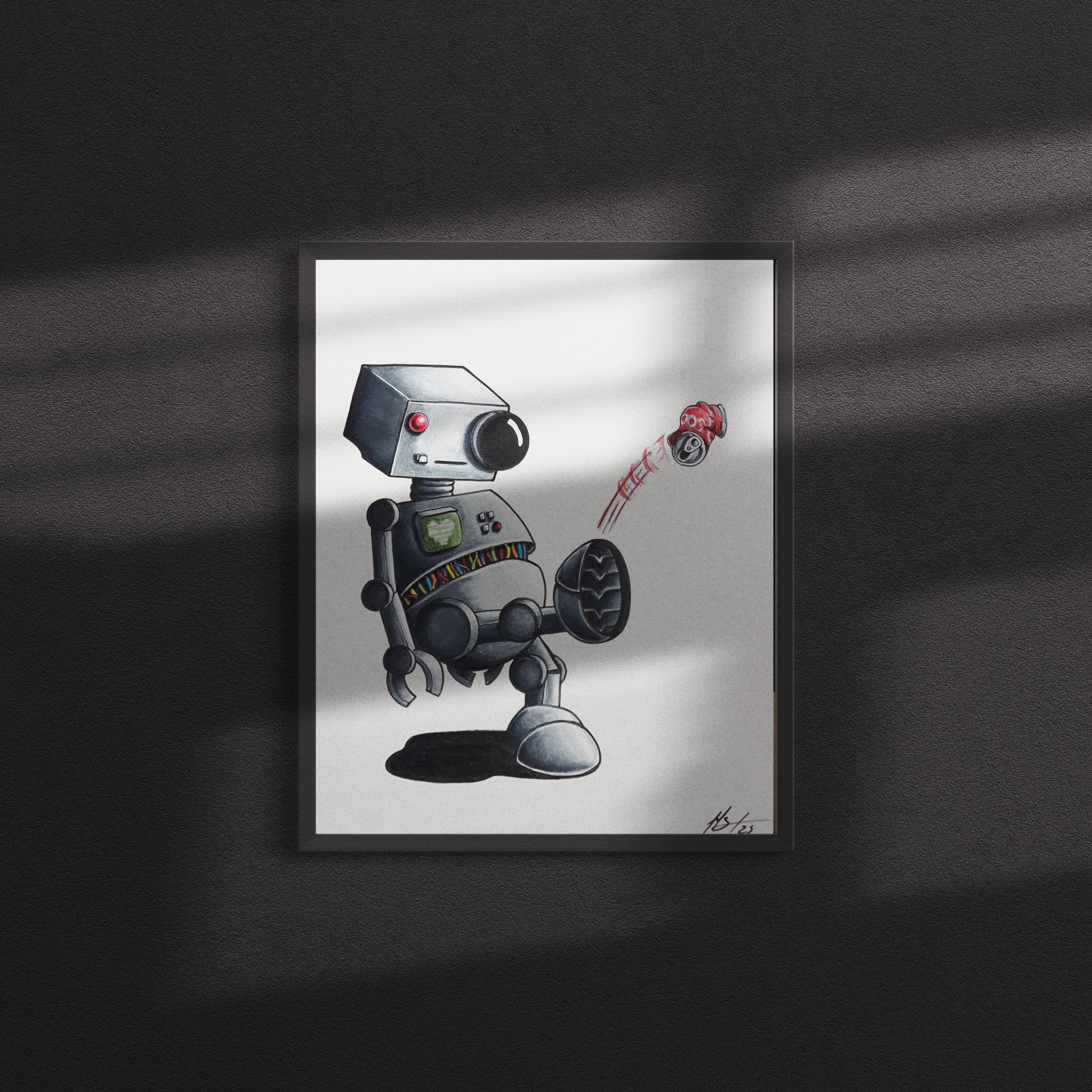 Kick the Can - Original Prismacolor Drawing | Robot Art Series