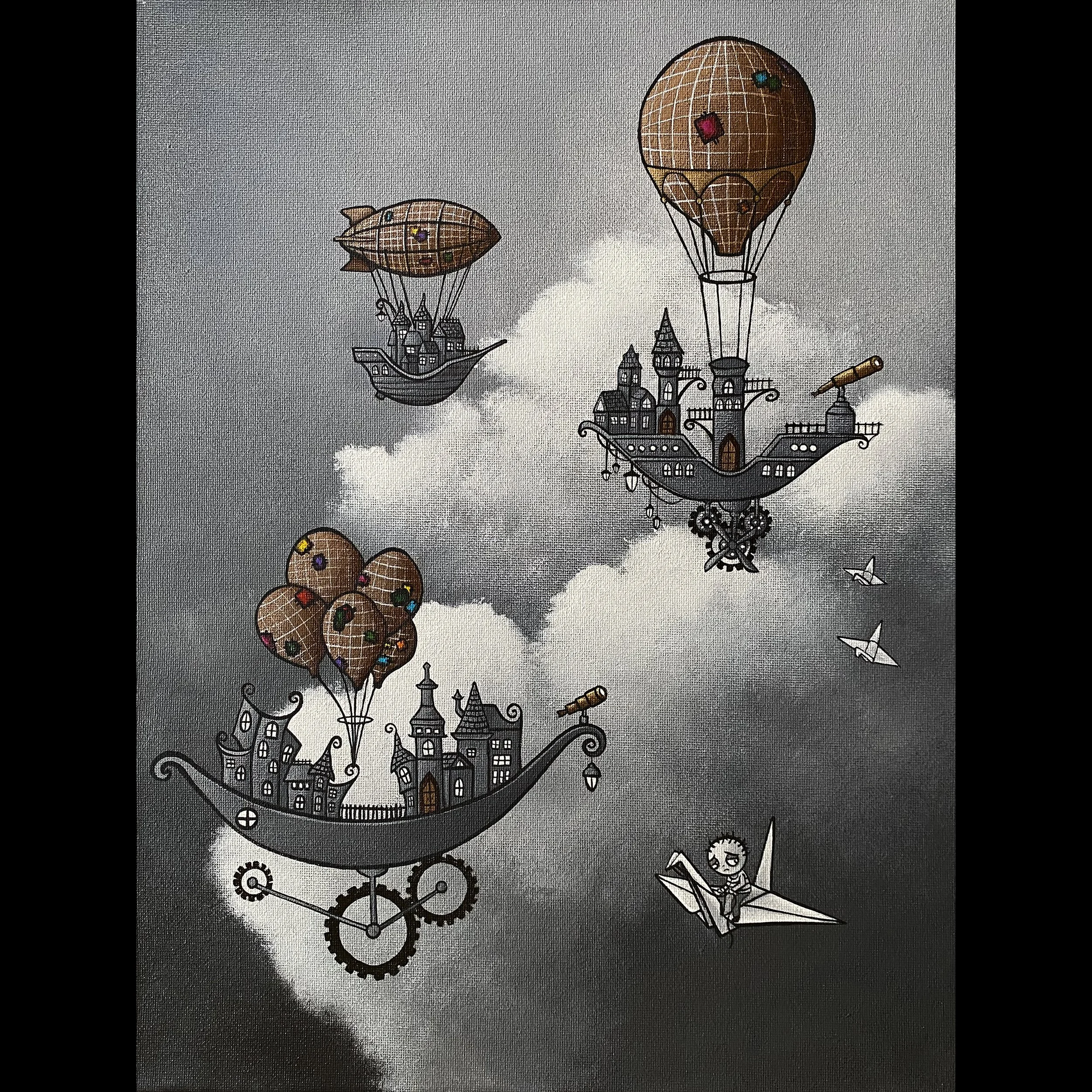 Steampunk Flying Ship Painting - Original Acrylic Artwork - “The Paper Escort"