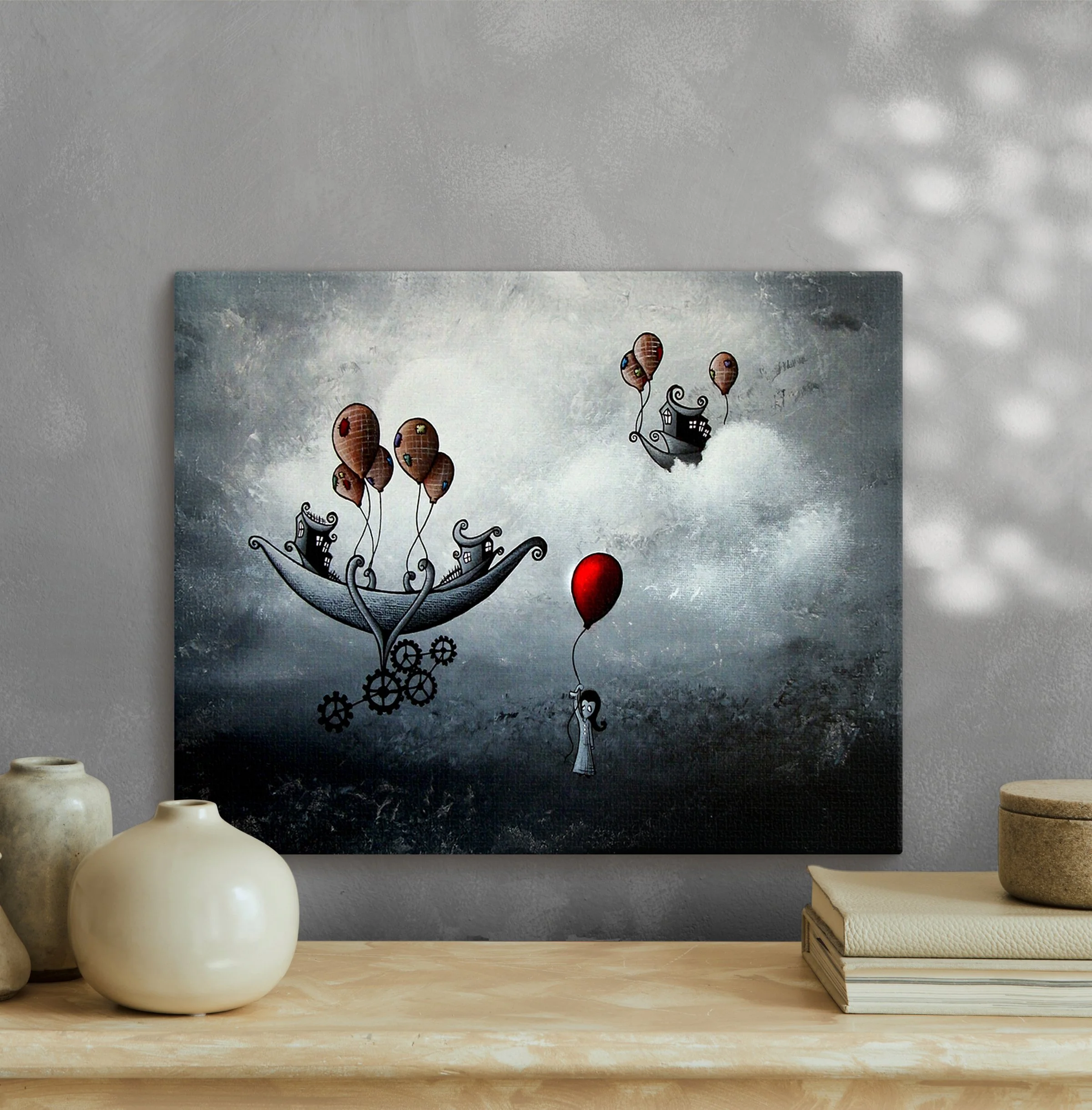 Mounted Canvas Print - Whimsical Steampunk Airship - "Up Among the Clouds"
