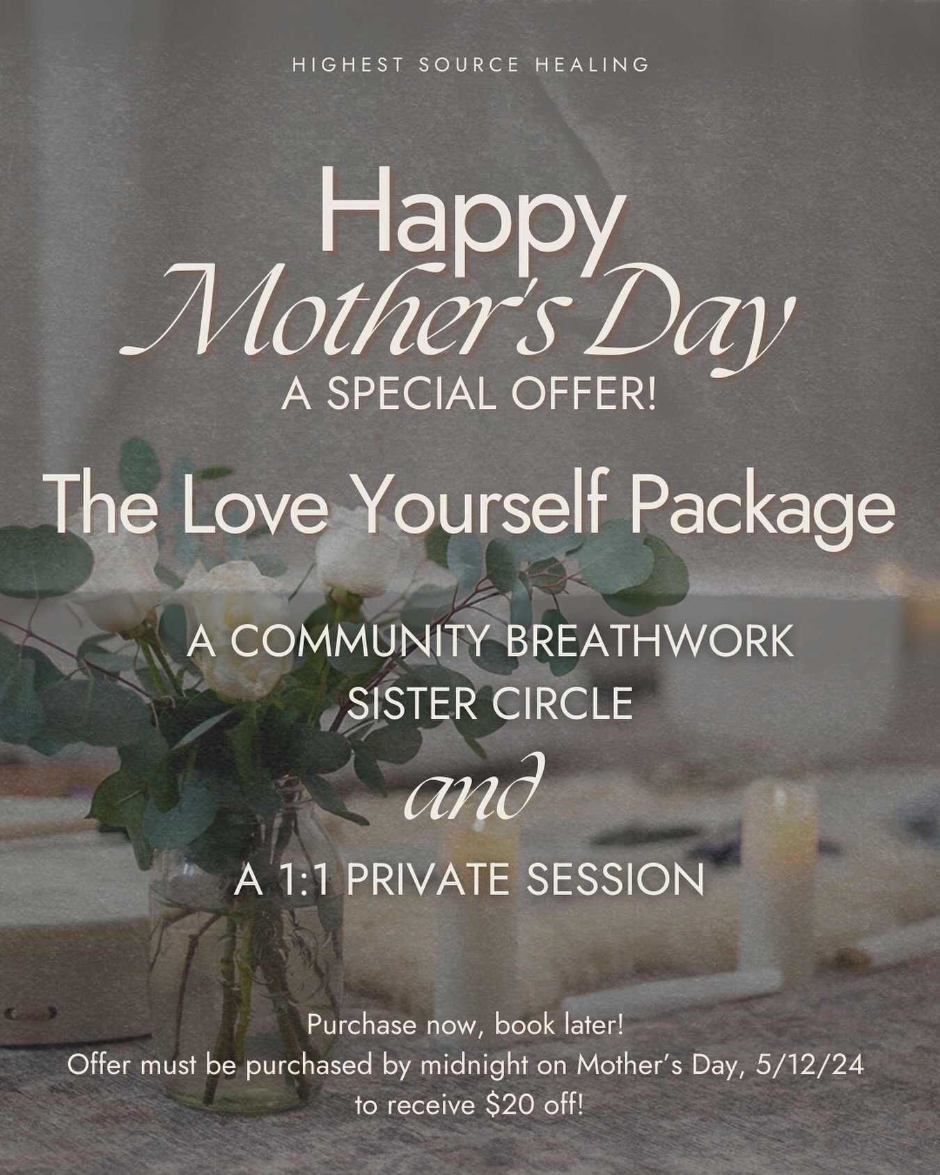🌸 A Special Offer For Yourself or Gift To A Mom You Love! 🌸

The Love Yourself Package includes:
✨ A Community Breathwork Sister Circle
AND
✨ A 1:1 Private Session 
( Breathwork or Reiki)

Purchase now &amp; book later! Offer must be purchased by m