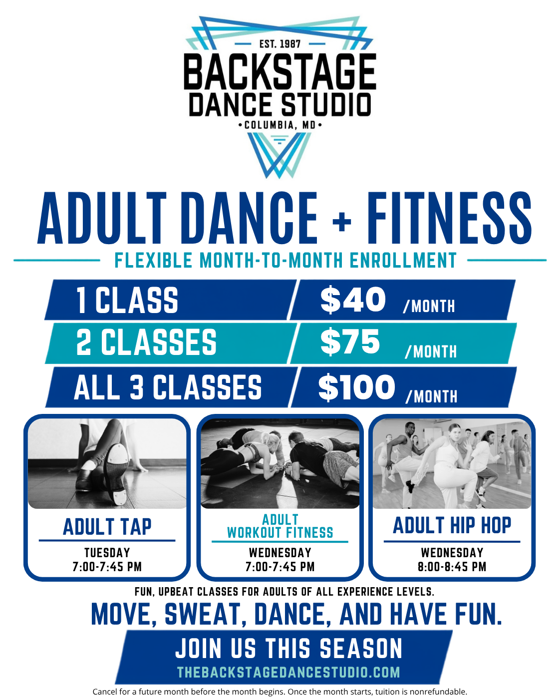 Adult dance and fitness classes at Backstage Dance Studio