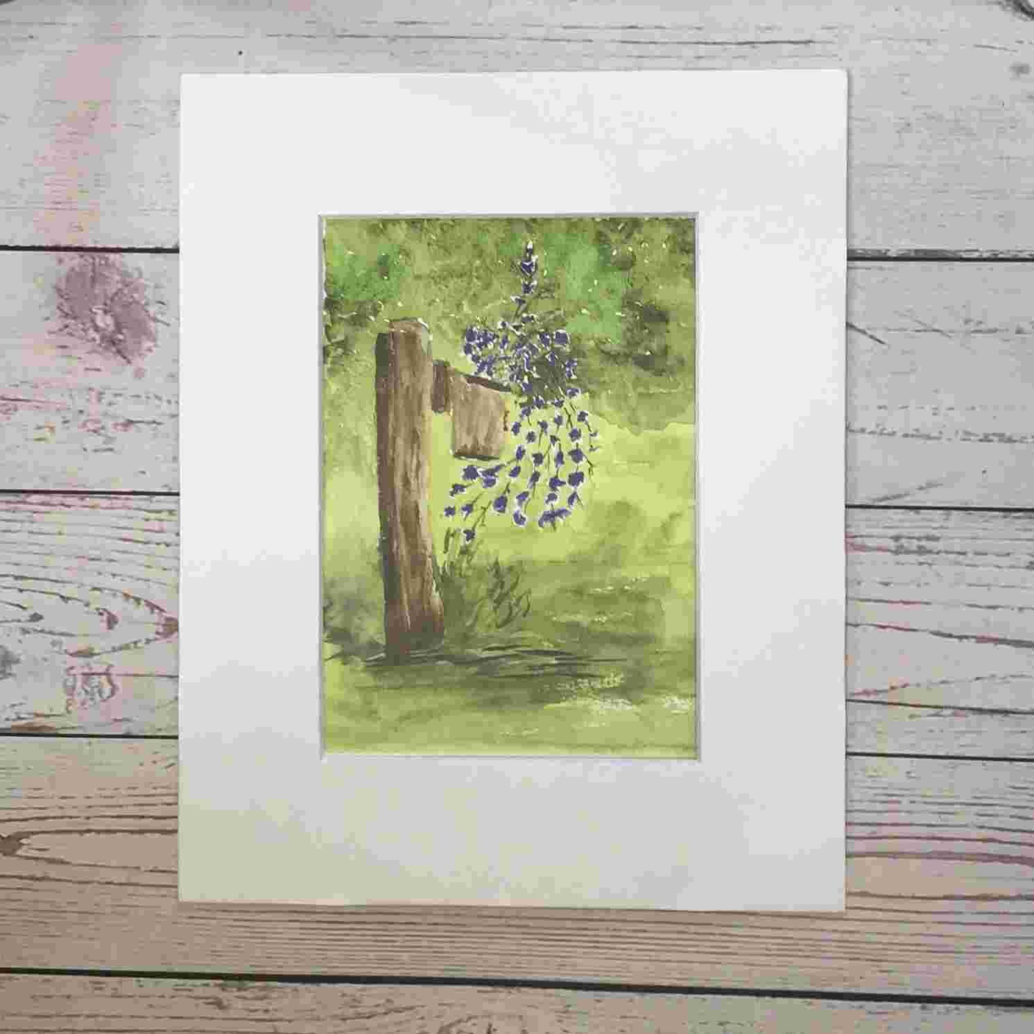 Rustic Bird Home with Spray of Flowers Print with White Mat