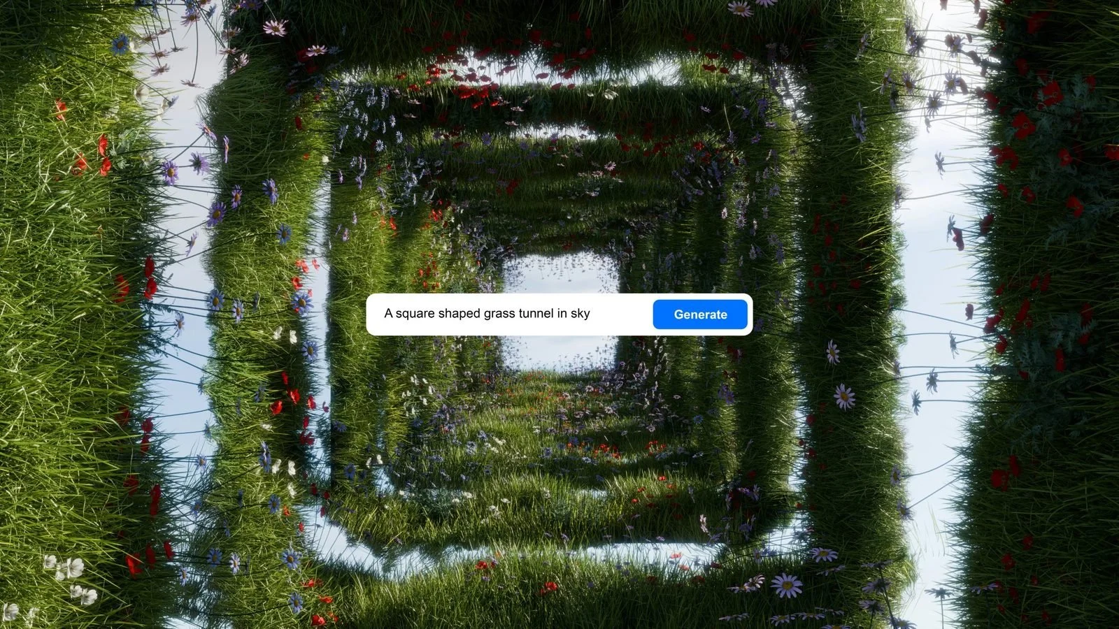 AI prompt bar over a grass tunnel in the sky, representing automated Smart Bidding and Target CPA settings in Google Ads