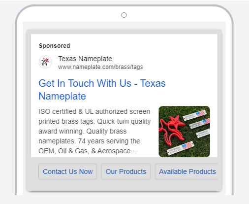 Example - Google Ad for Texas Nameplate