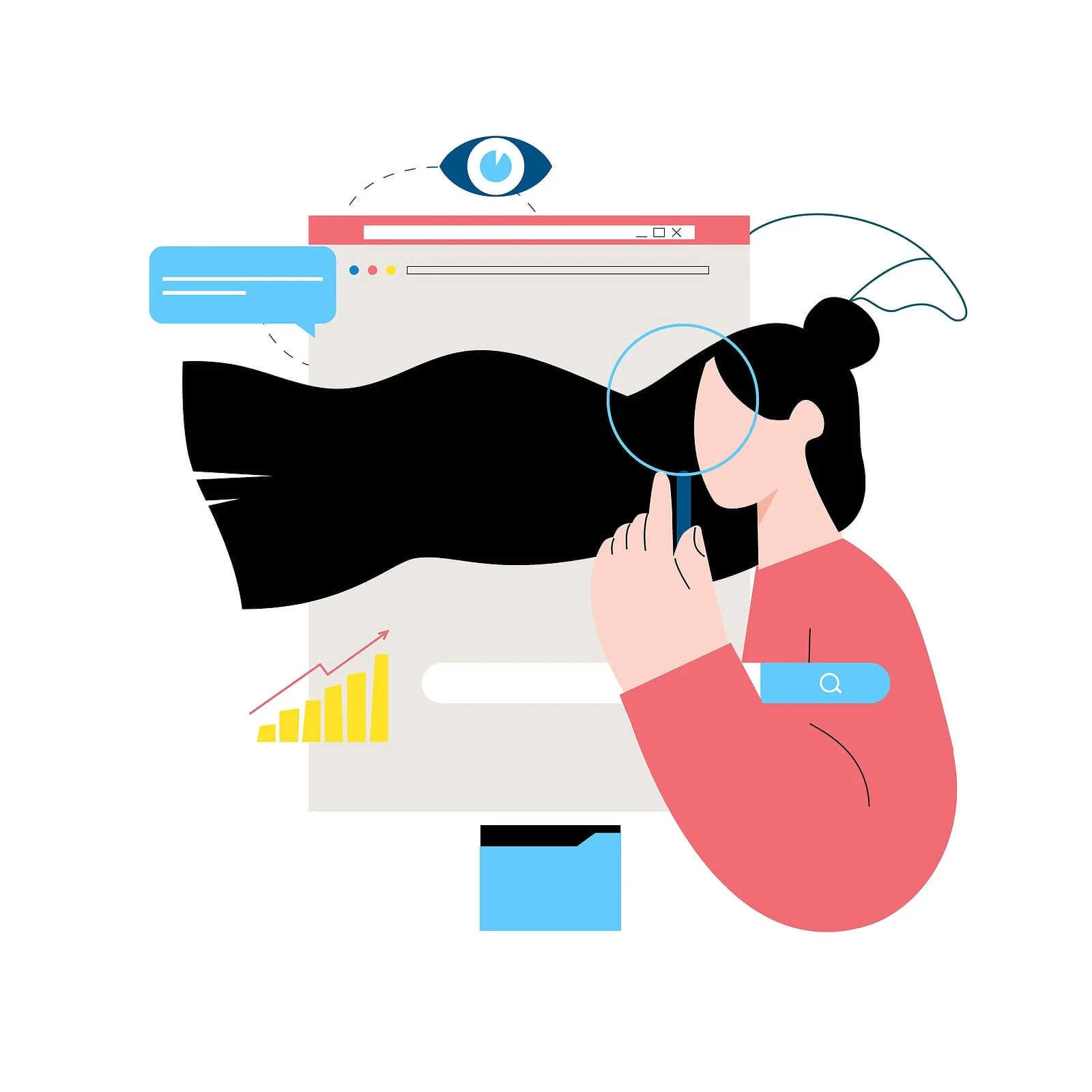Woman with magnifying glass examining browser window with growth chart. Precise demographic filters make Google Ads for Therapists work smarter for your practice.